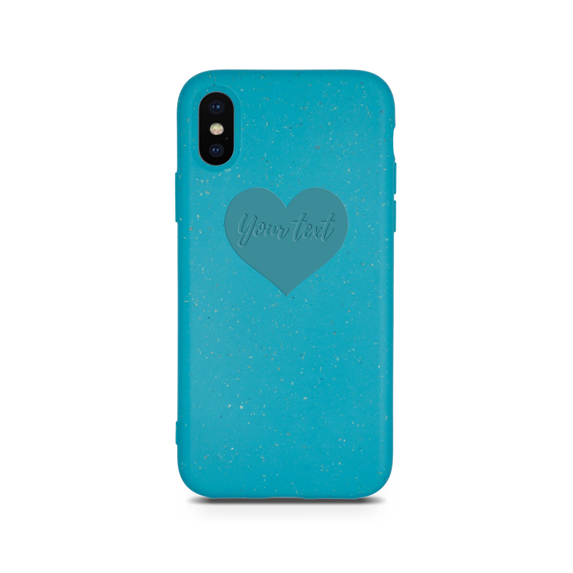 Biodegradable personalized phone case in ocean blue with unique text engraving, showcasing eco-friendly design and modern style.