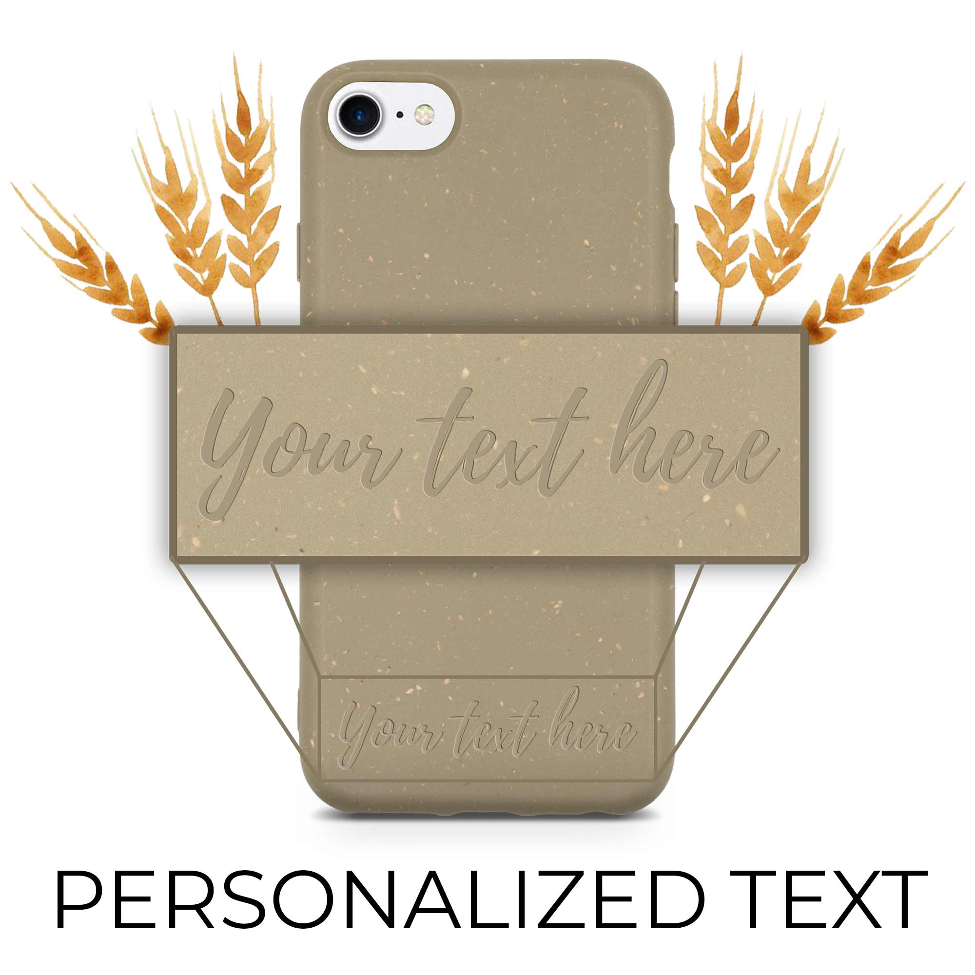 Biodegradable personalized phone case in olive green with unique text engraving, showcasing eco-friendly design and modern aesthetics.