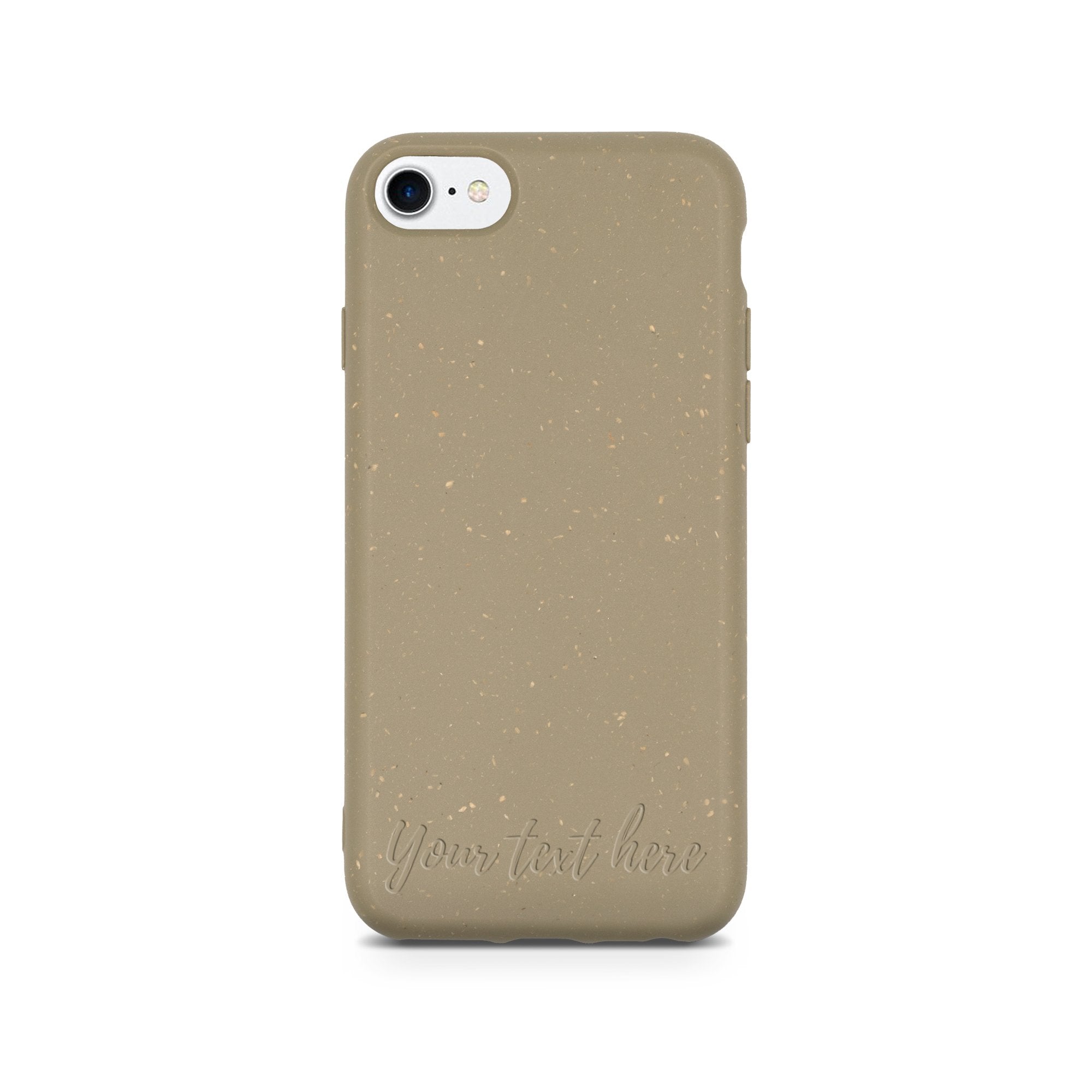 Biodegradable personalized phone case in olive green with unique text engraving, showcasing eco-friendly design and modern aesthetics.