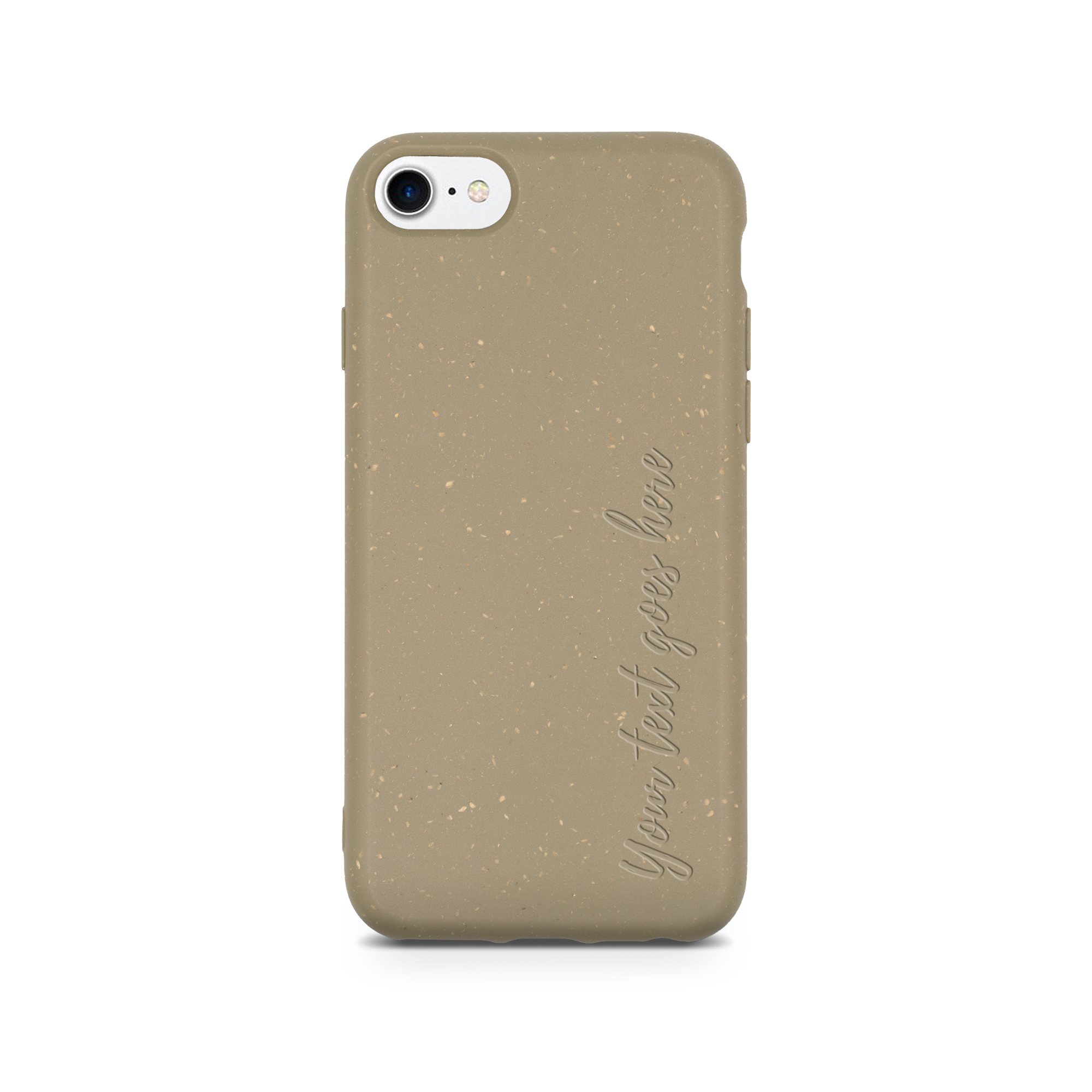 Biodegradable personalized phone case in olive green with unique text engraving, showcasing eco-friendly design and modern aesthetics.