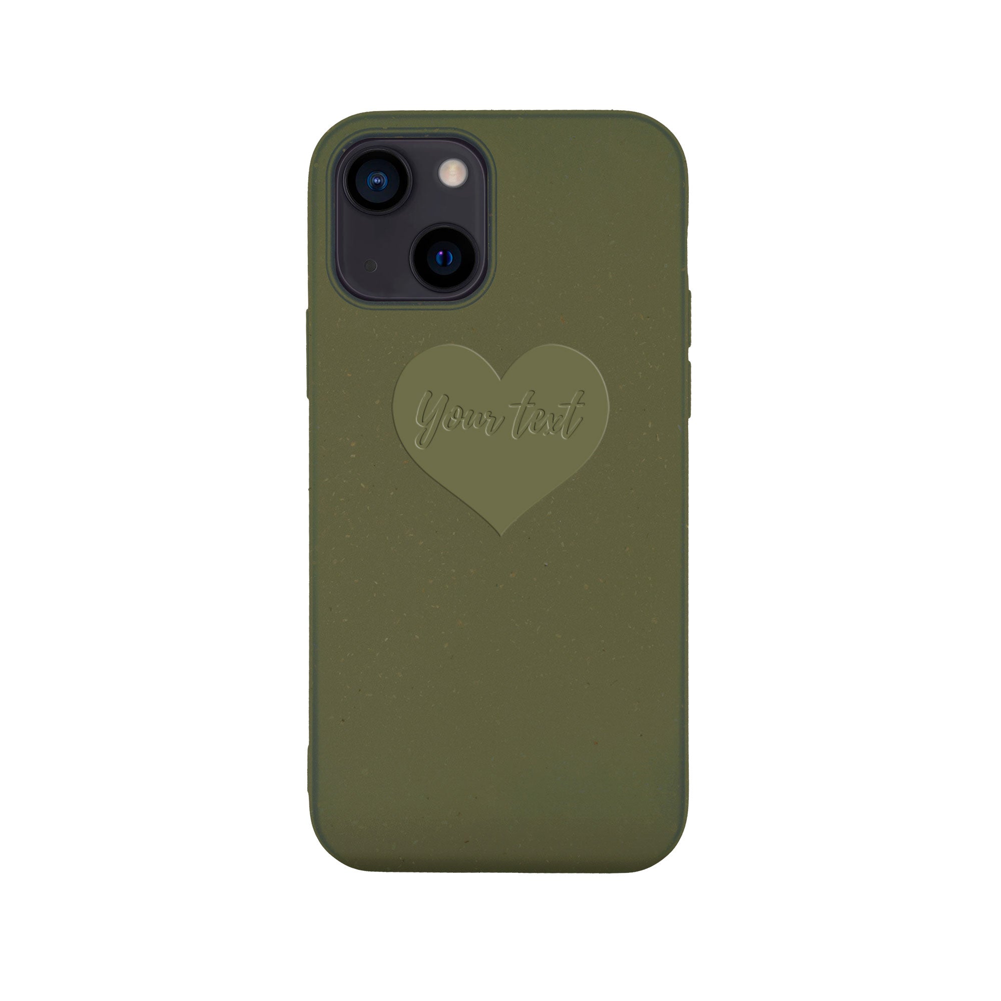 Biodegradable personalized phone case in olive green with unique text engraving, showcasing eco-friendly design and modern aesthetics.