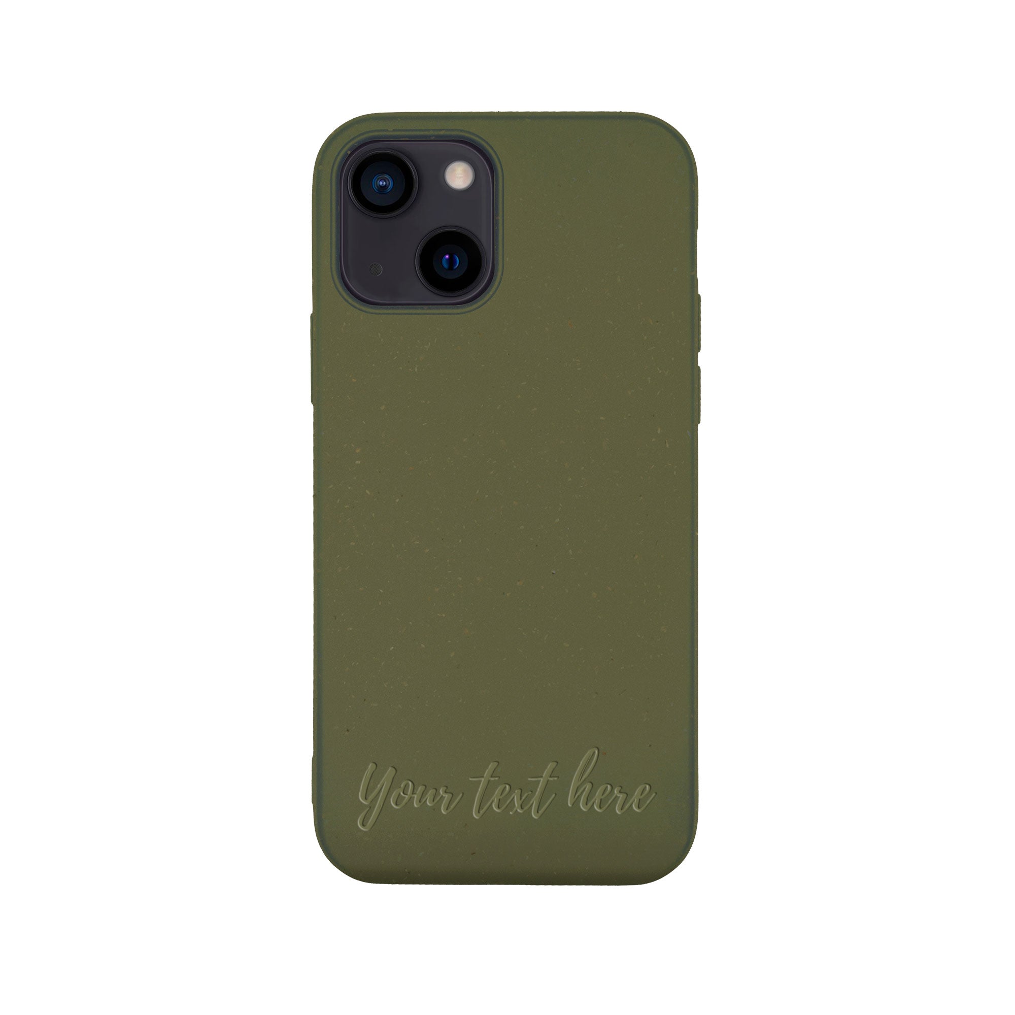 Biodegradable personalized phone case in olive green with unique text engraving, showcasing eco-friendly design and modern aesthetics.