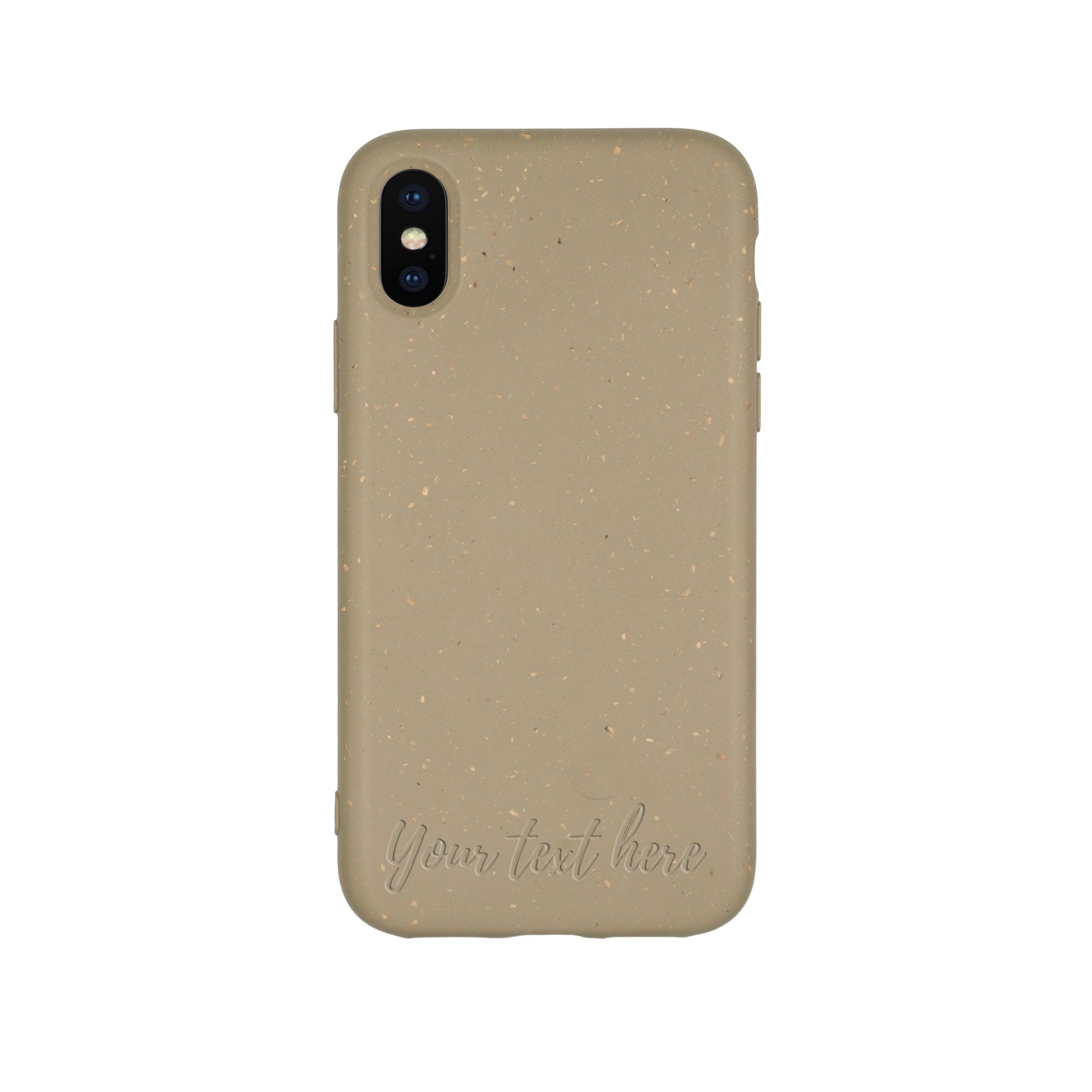 Biodegradable personalized phone case in olive green with unique text engraving, showcasing eco-friendly design and modern aesthetics.