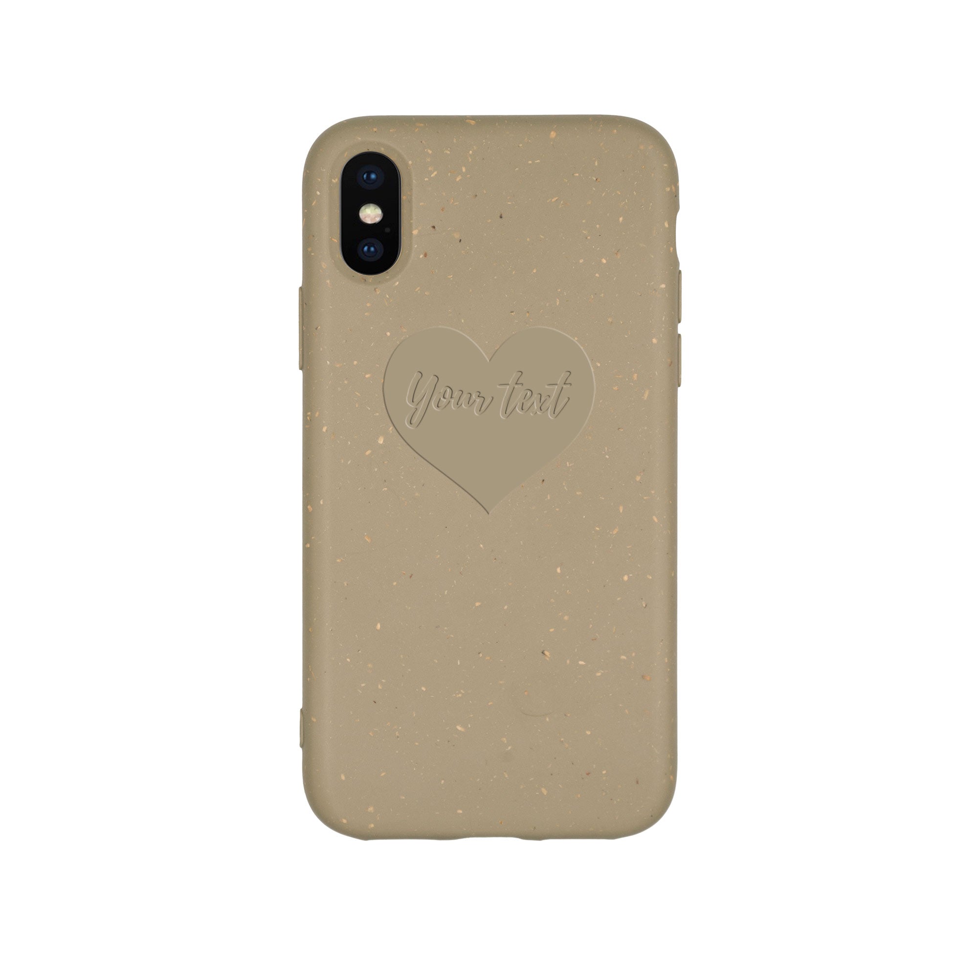 Biodegradable personalized phone case in olive green with unique text engraving, showcasing eco-friendly design and modern aesthetics.