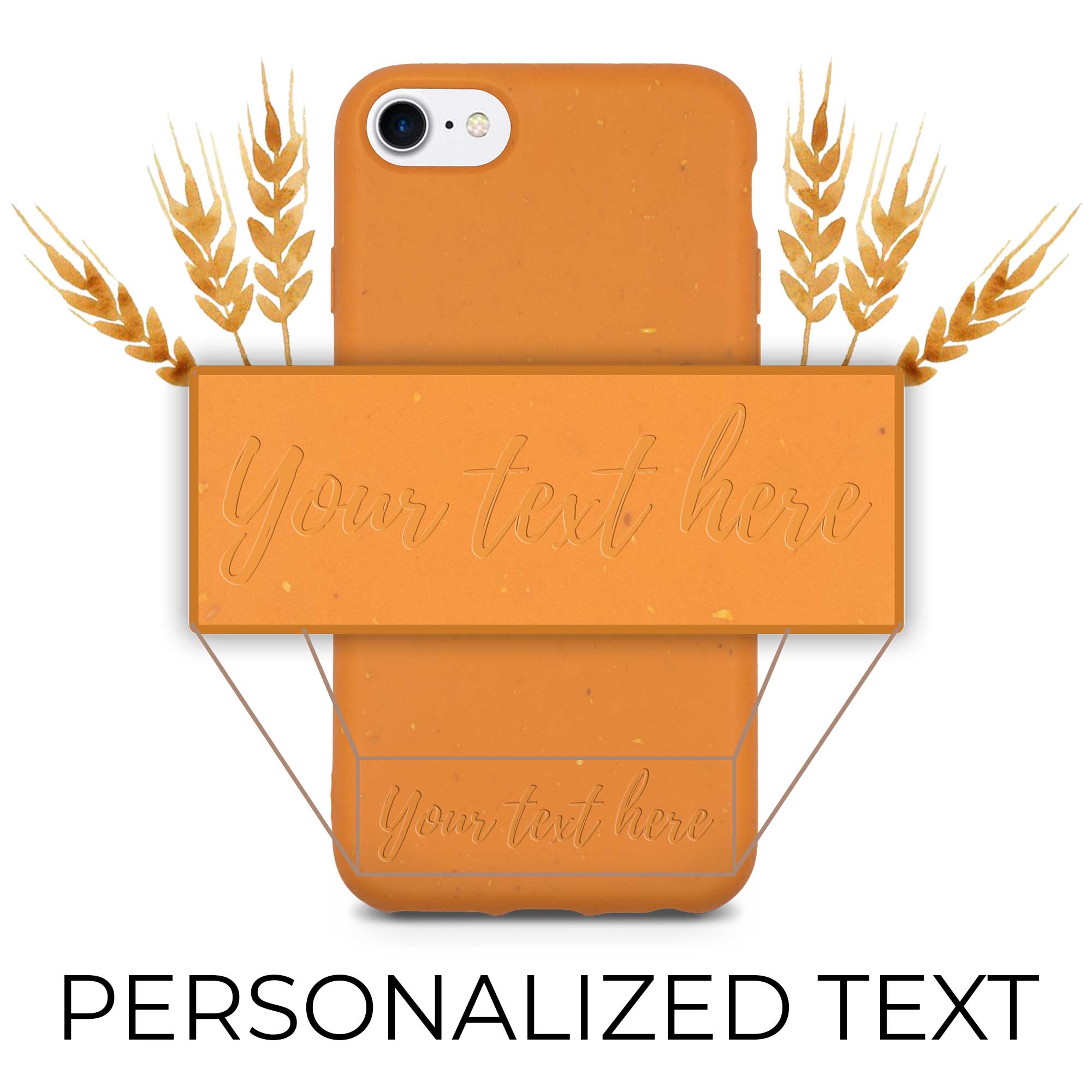 Biodegradable personalized phone case in orange with custom text engraving, showcasing eco-friendly design and modern style.