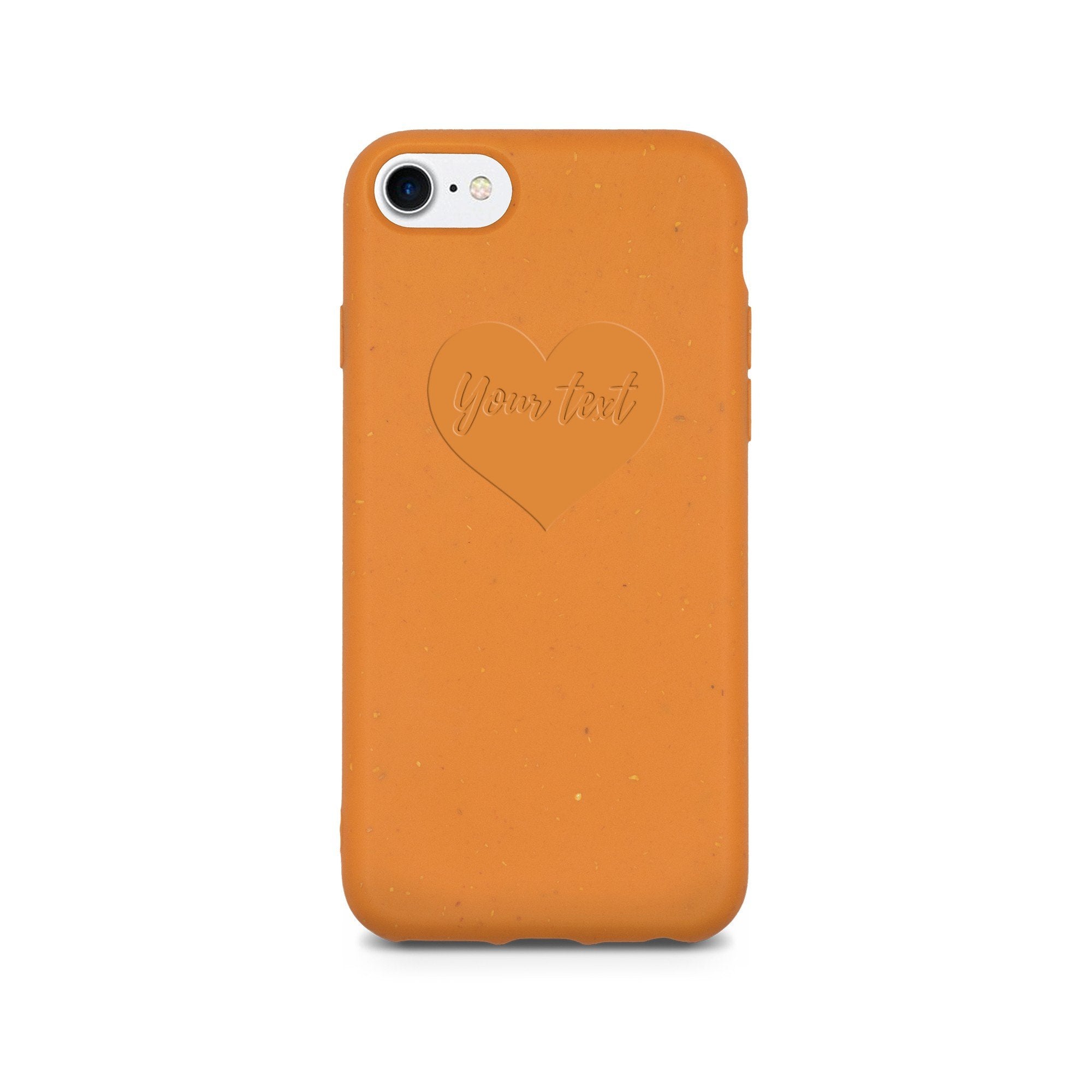 Biodegradable personalized phone case in orange with custom text engraving, showcasing eco-friendly design and modern style.