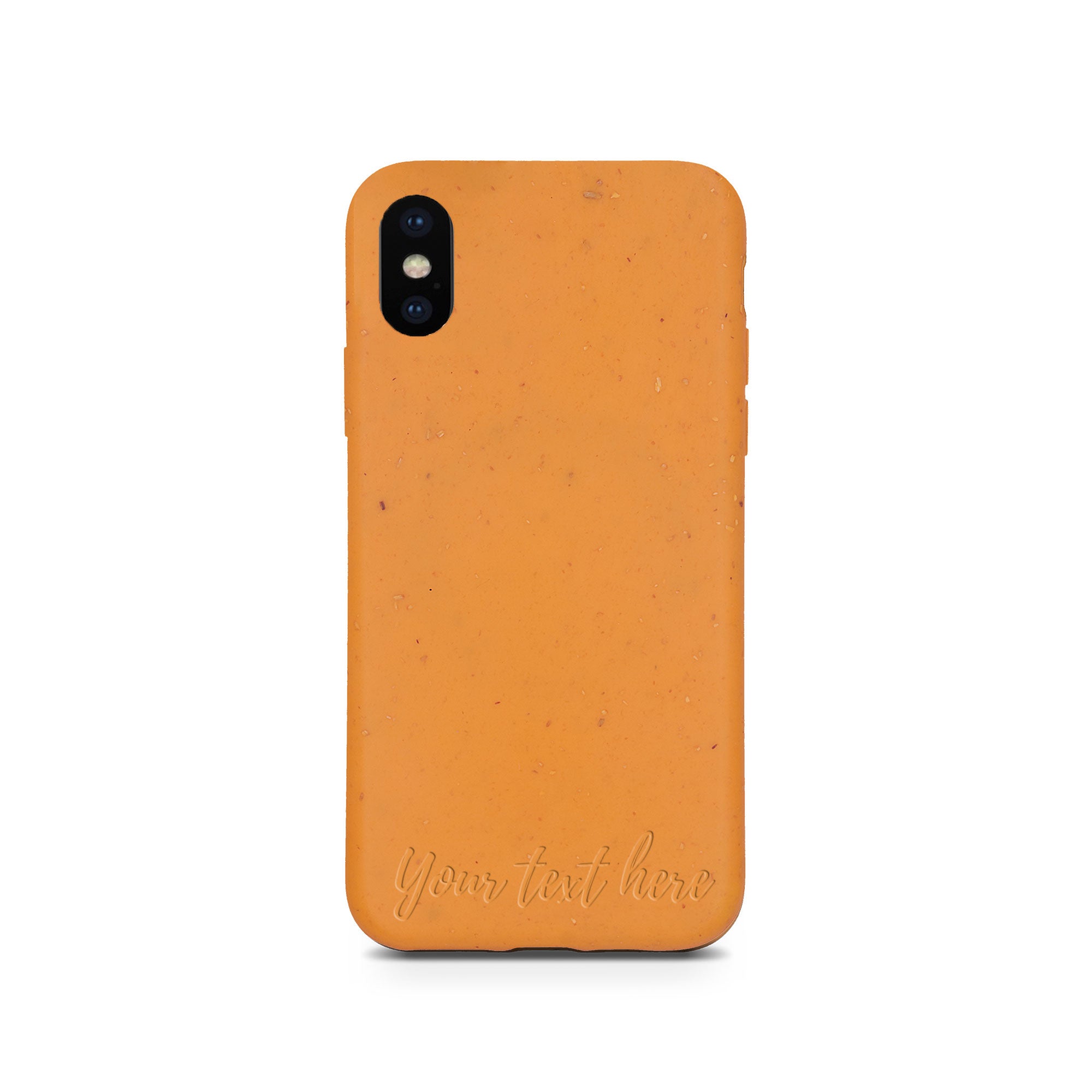 Biodegradable personalized phone case in orange with custom text engraving, showcasing eco-friendly design and modern style.