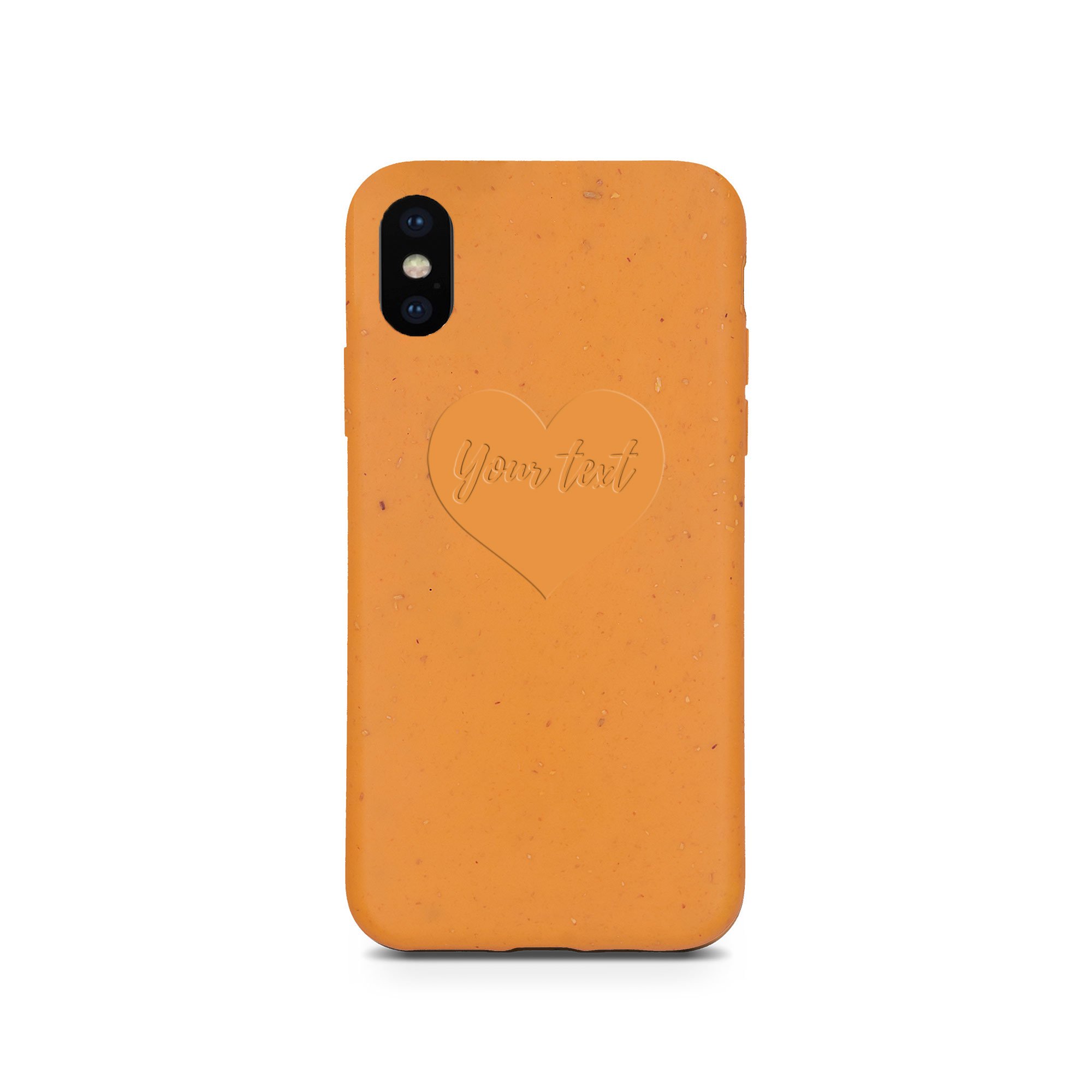 Biodegradable personalized phone case in orange with custom text engraving, showcasing eco-friendly design and modern style.