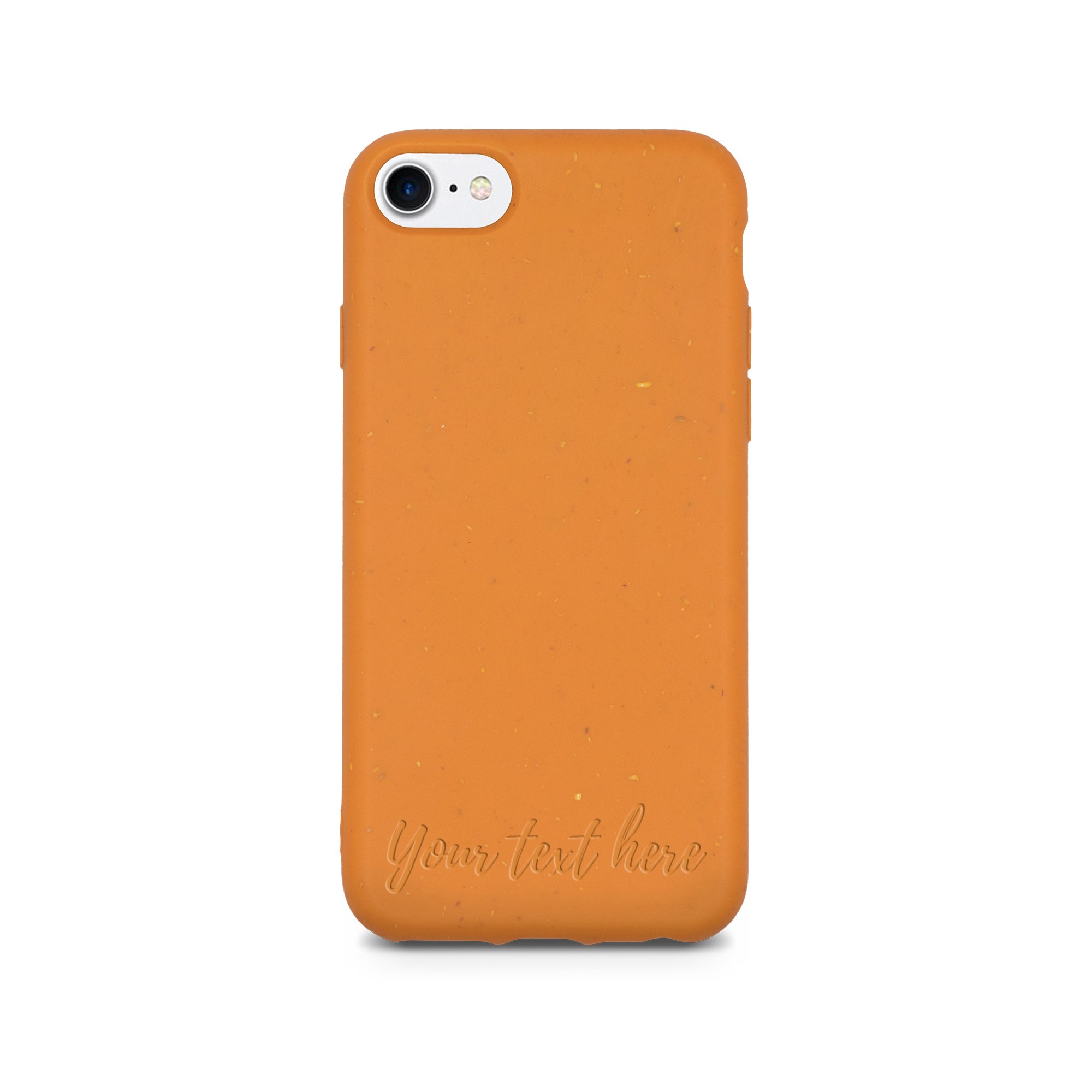 Biodegradable personalized phone case in orange with custom text engraving, showcasing eco-friendly design and modern style.