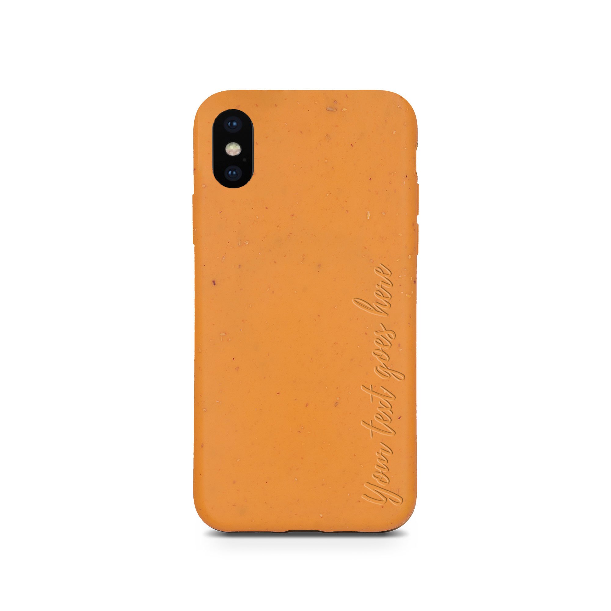 Biodegradable personalized phone case in orange with custom text engraving, showcasing eco-friendly design and modern style.