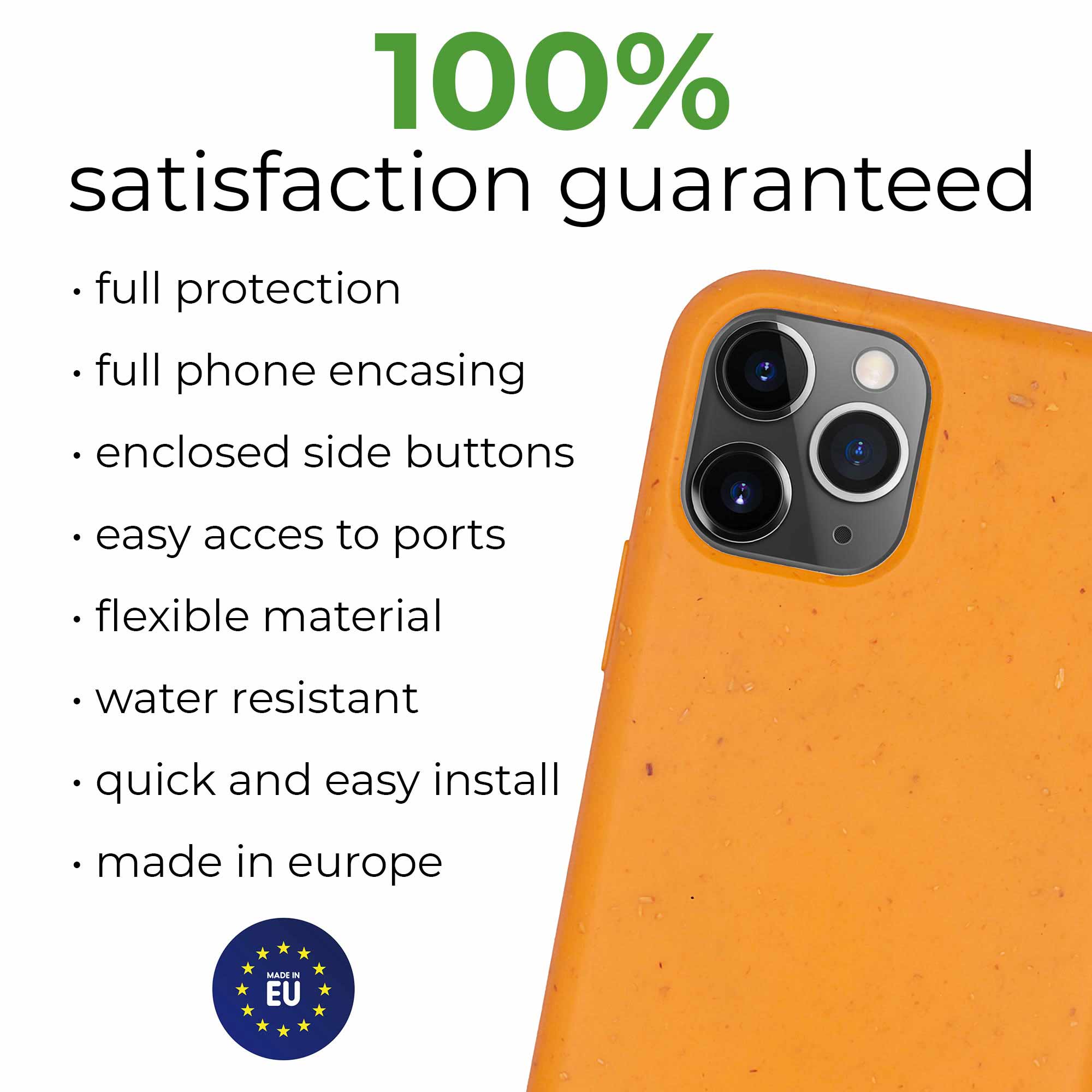 Biodegradable personalized phone case in orange with custom text engraving, showcasing eco-friendly design and modern style.