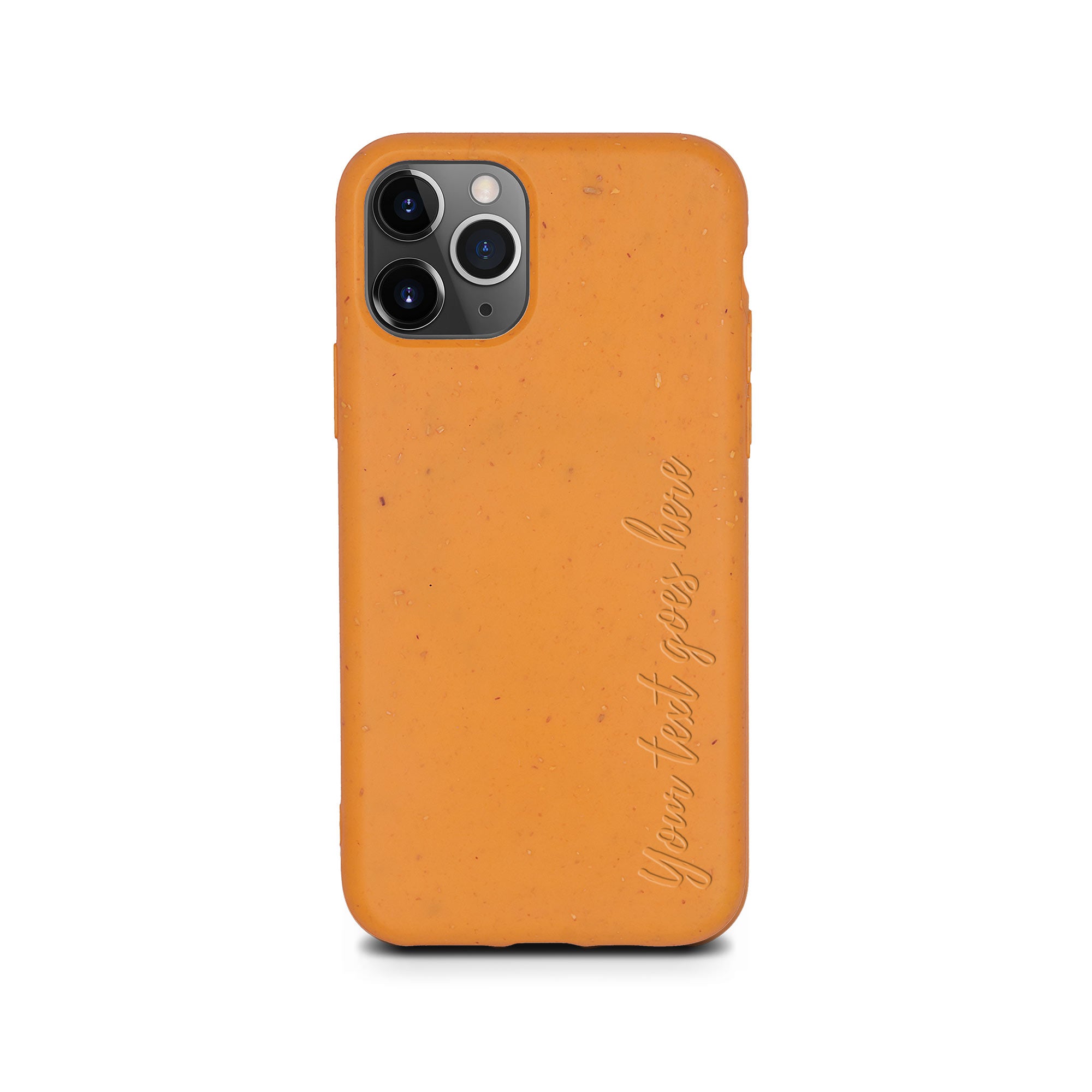 Biodegradable personalized phone case in orange with custom text engraving, showcasing eco-friendly design and modern style.