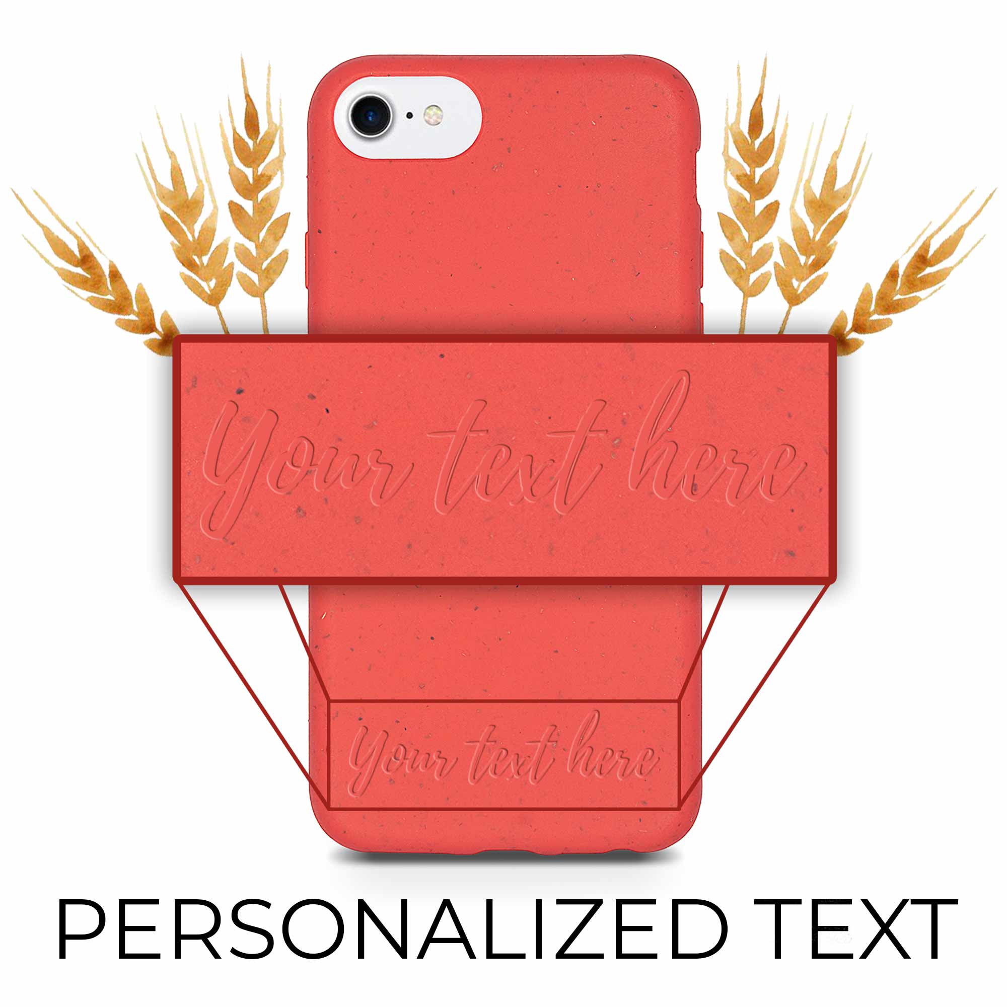 A vibrant red biodegradable phone case with personalized text engraving, showcasing eco-friendly design and modern style.