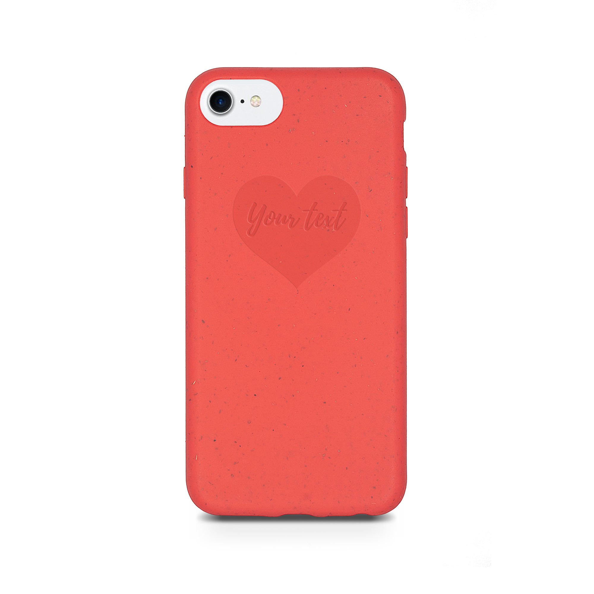 A vibrant red biodegradable phone case with personalized text engraving, showcasing eco-friendly design and modern style.