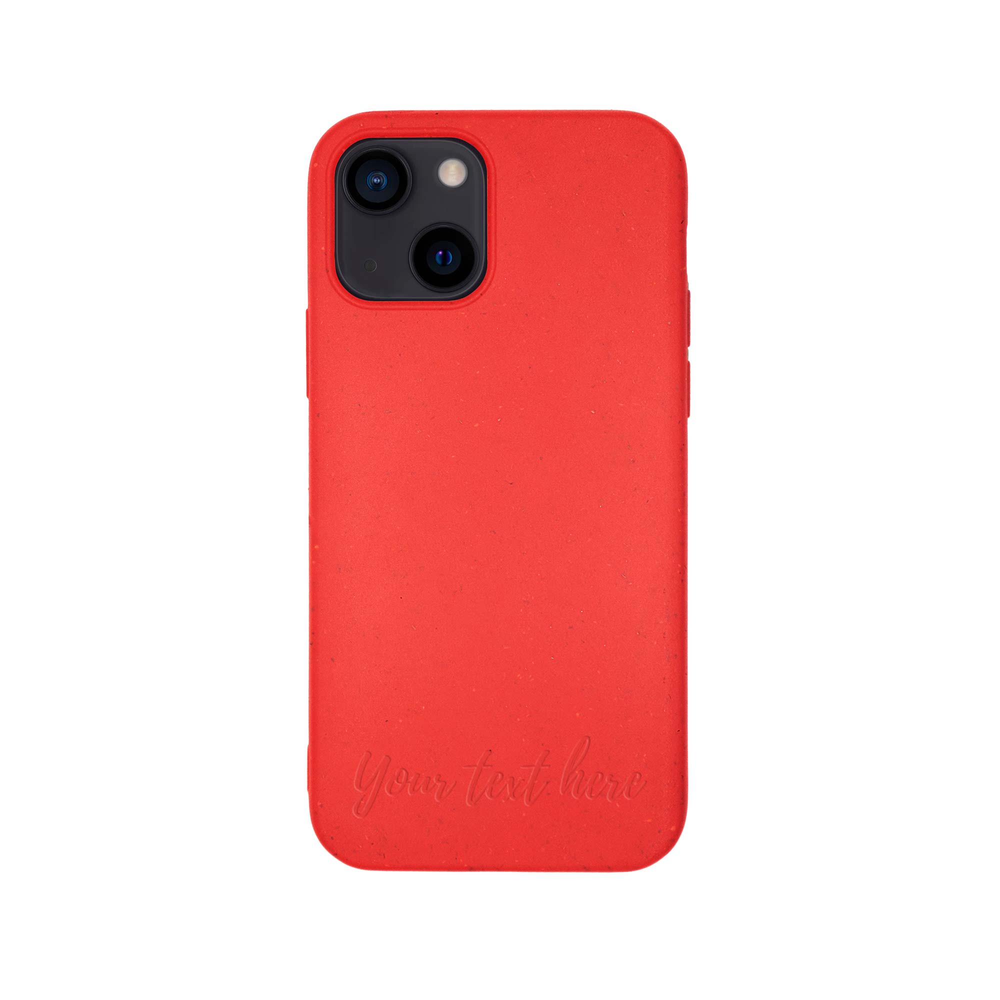 A vibrant red biodegradable phone case with personalized text engraving, showcasing eco-friendly design and modern style.