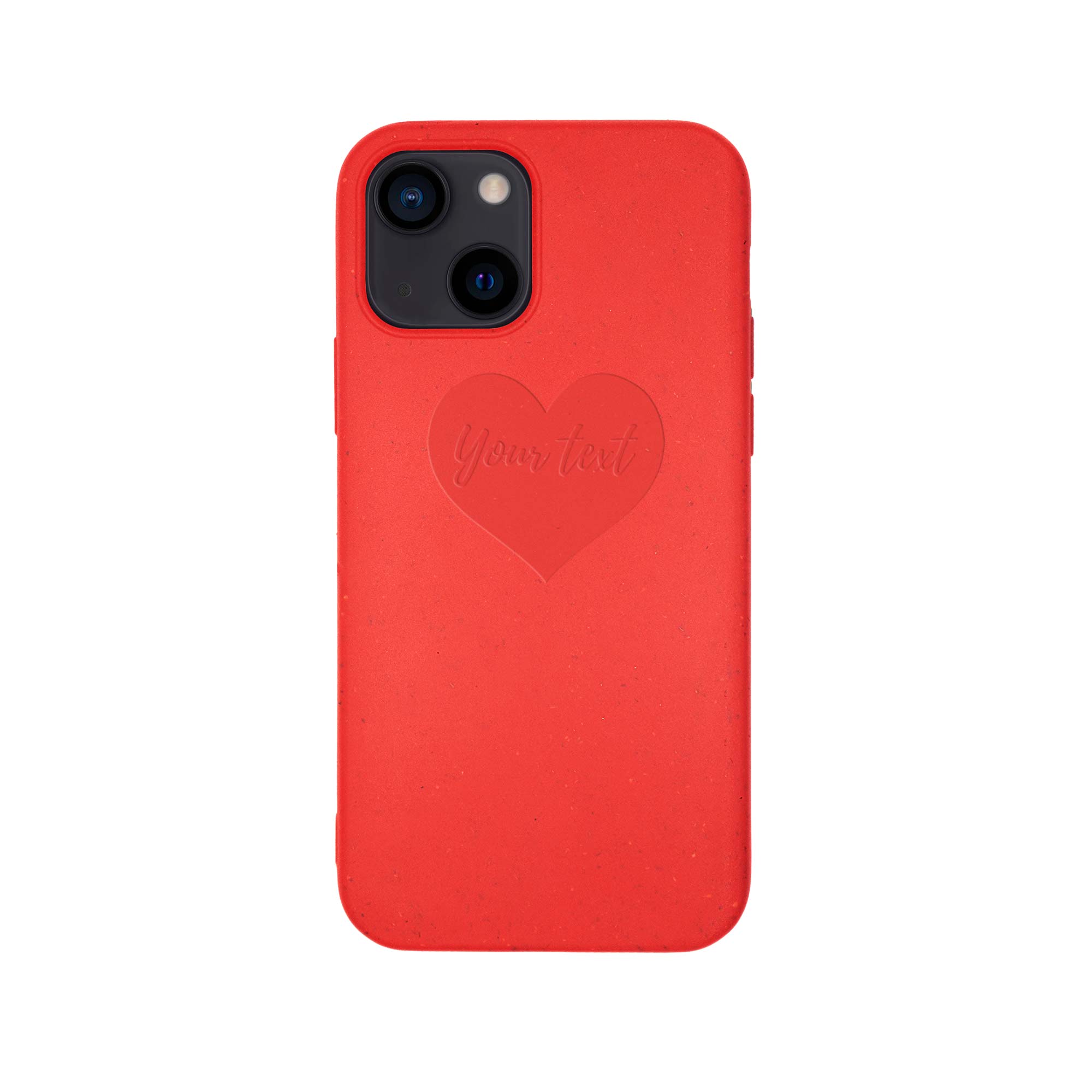 A vibrant red biodegradable phone case with personalized text engraving, showcasing eco-friendly design and modern style.