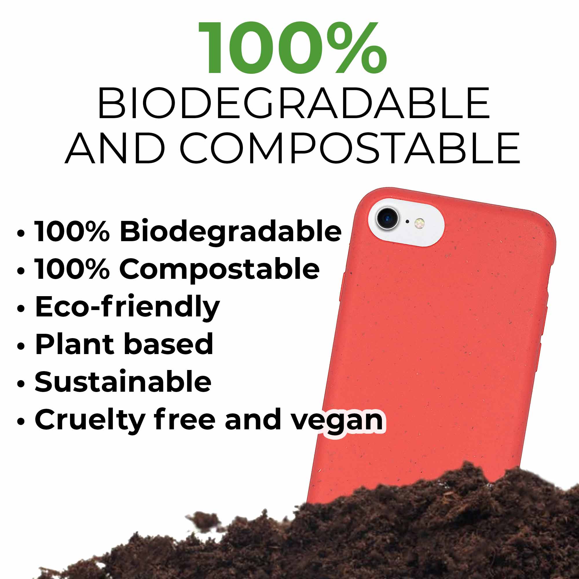 A vibrant red biodegradable phone case with personalized text engraving, showcasing eco-friendly design and modern style.