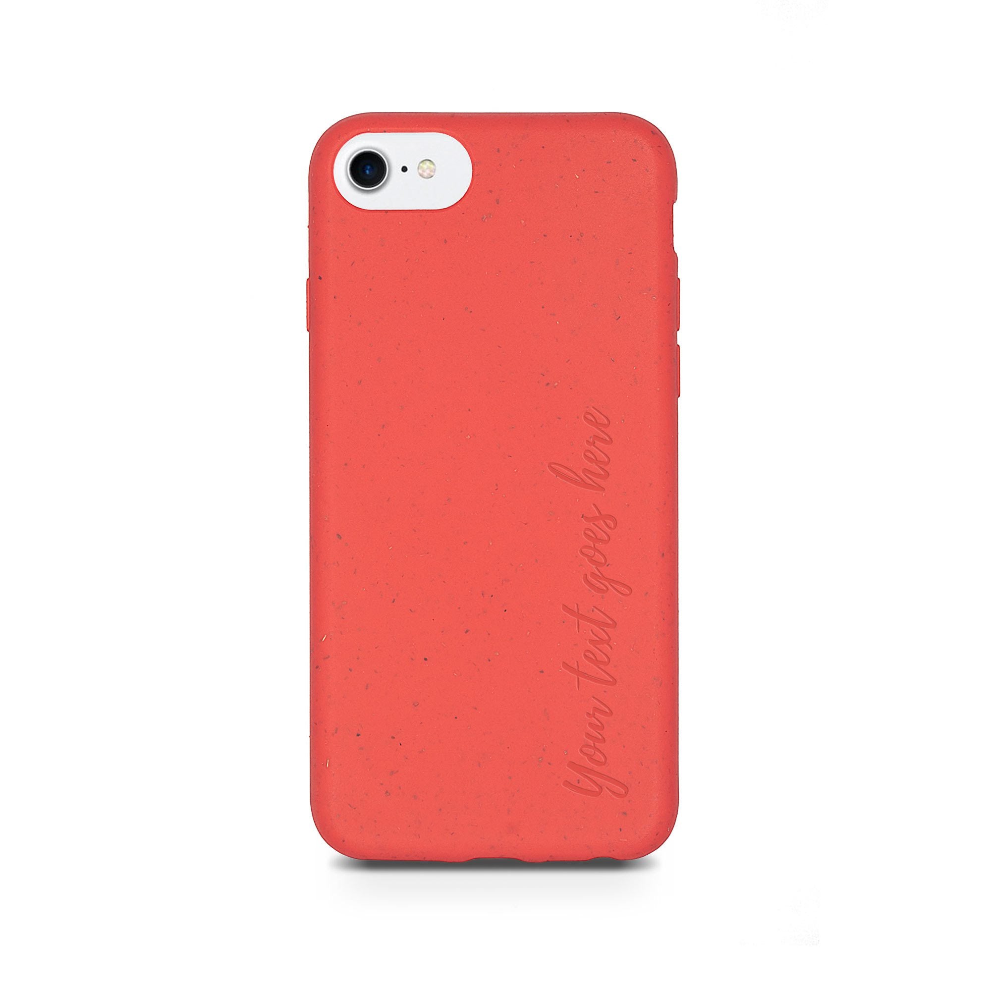 A vibrant red biodegradable phone case with personalized text engraving, showcasing eco-friendly design and modern style.