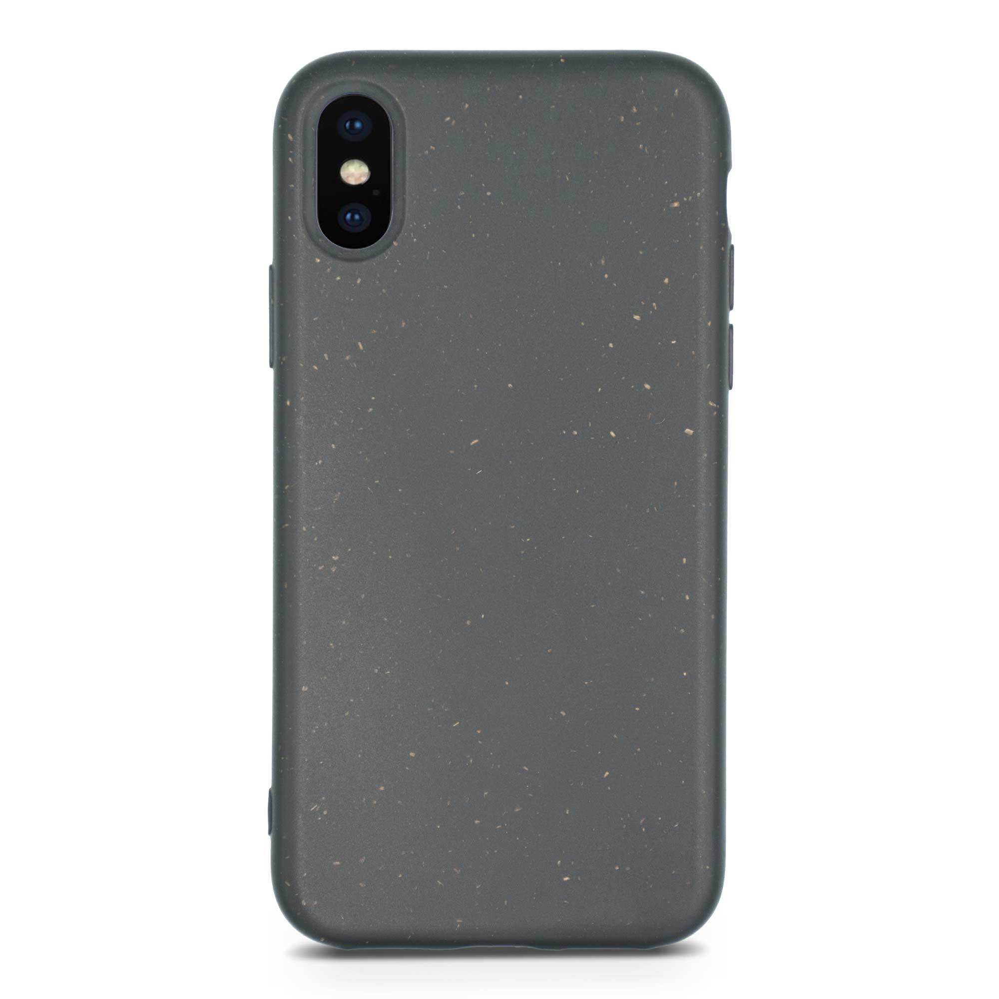 Black biodegradable phone case made from plant-based materials, showcasing its sleek design and natural texture.