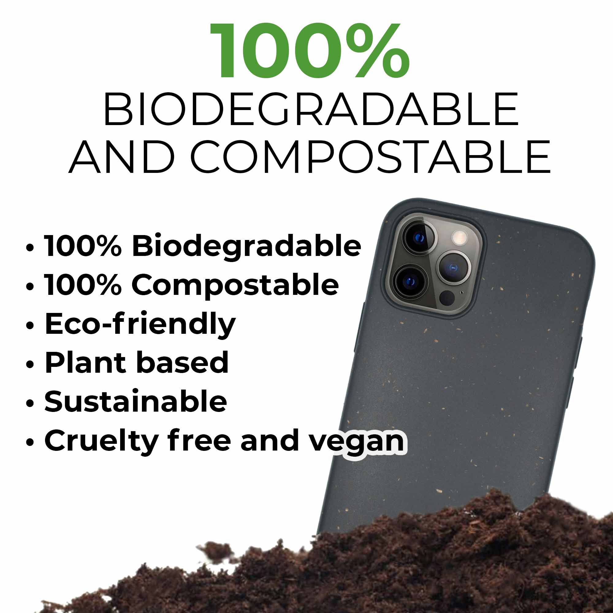 Black biodegradable phone case made from plant-based materials, showcasing its sleek design and natural texture.