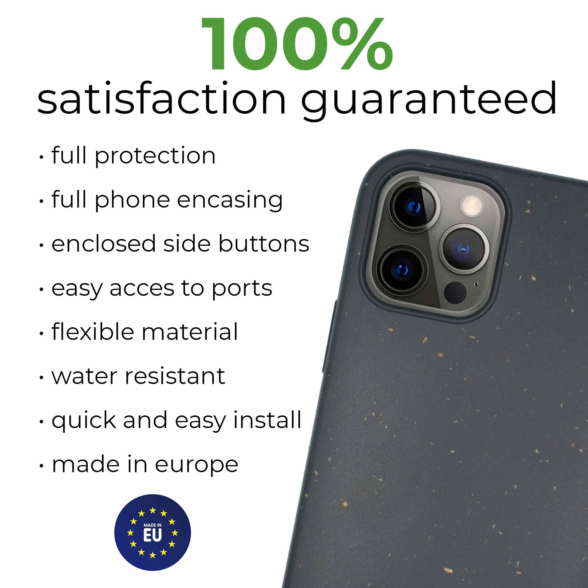 Black biodegradable phone case made from plant-based materials, showcasing its sleek design and natural texture.