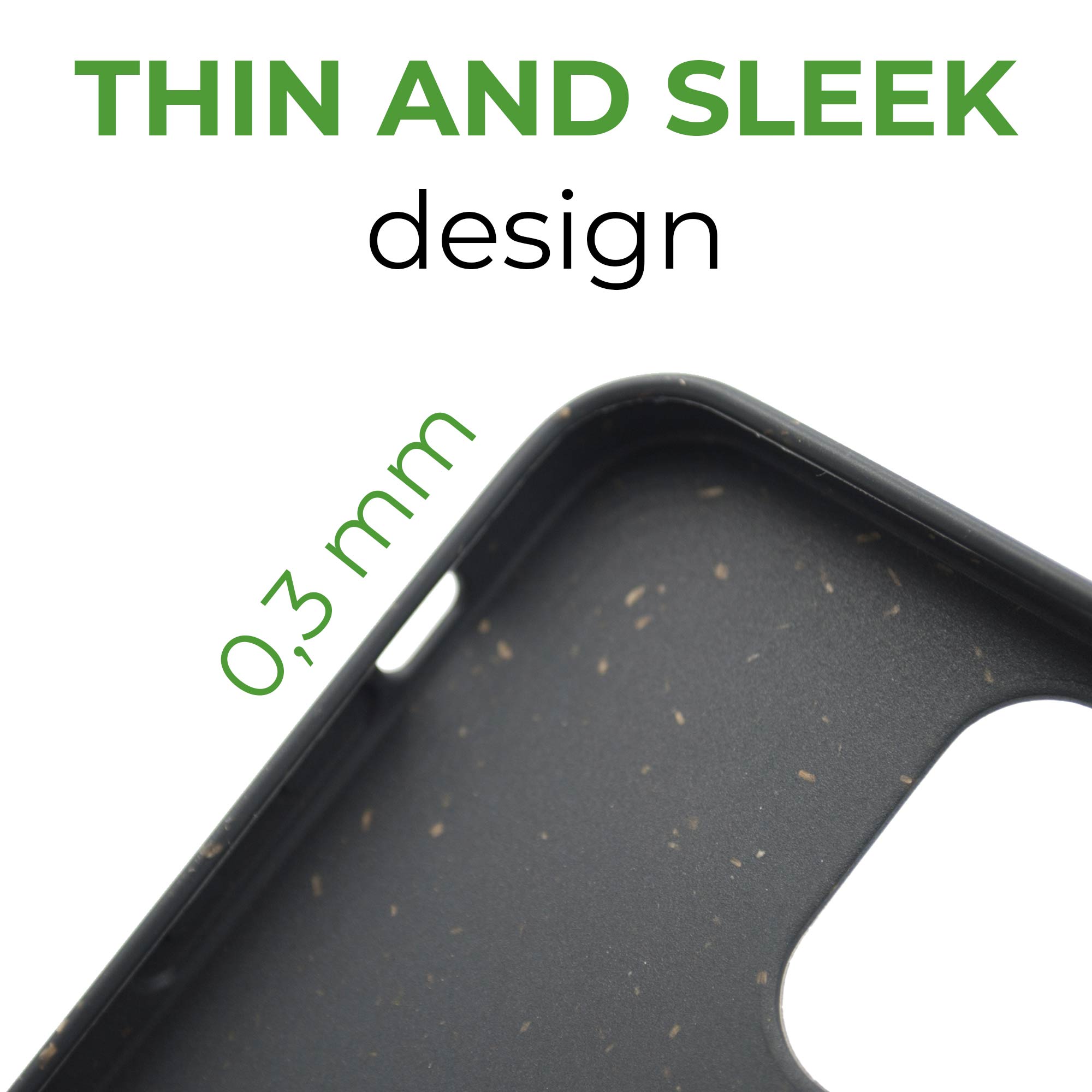 Black biodegradable phone case made from plant-based materials, showcasing its sleek design and natural texture.