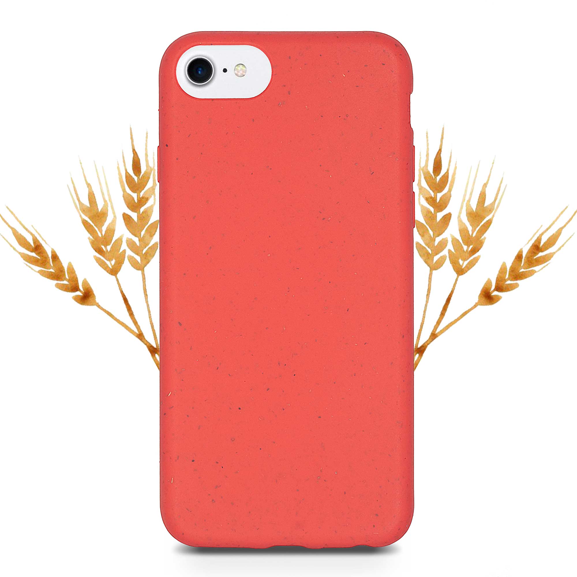 Red biodegradable phone case displayed with strawberries, showcasing its eco-friendly design and texture.