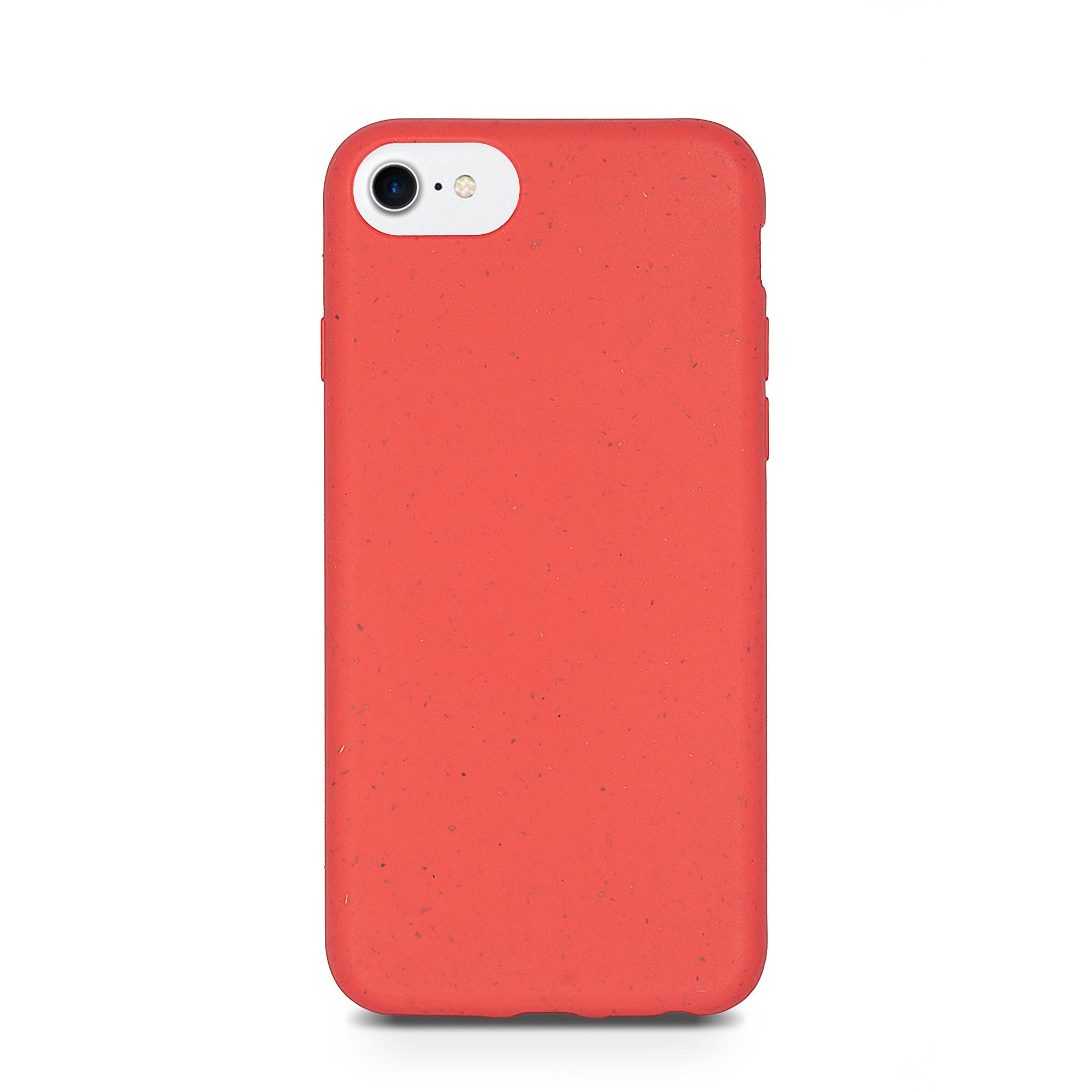 Red biodegradable phone case displayed with strawberries, showcasing its eco-friendly design and texture.