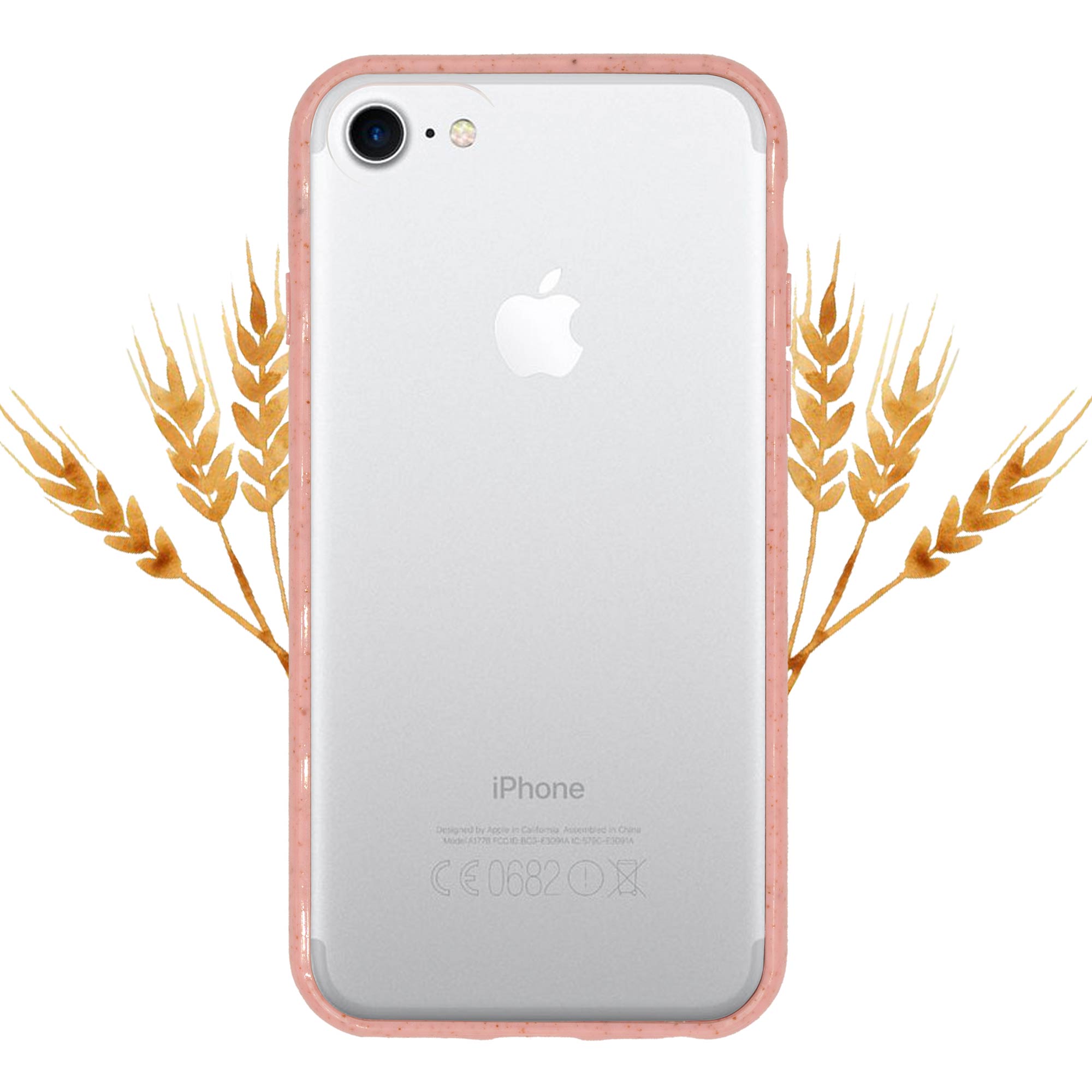 Transparent pink biodegradable phone case with a natural texture and wheat speckles, showcasing eco-friendly design.