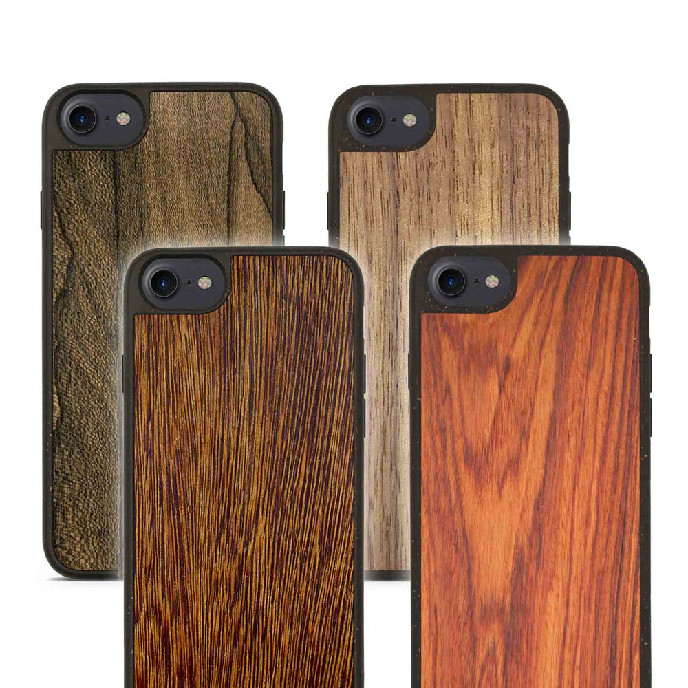 Biodegradable Wood Backing Phone Case in black, showcasing unique wood grain and eco-friendly design.