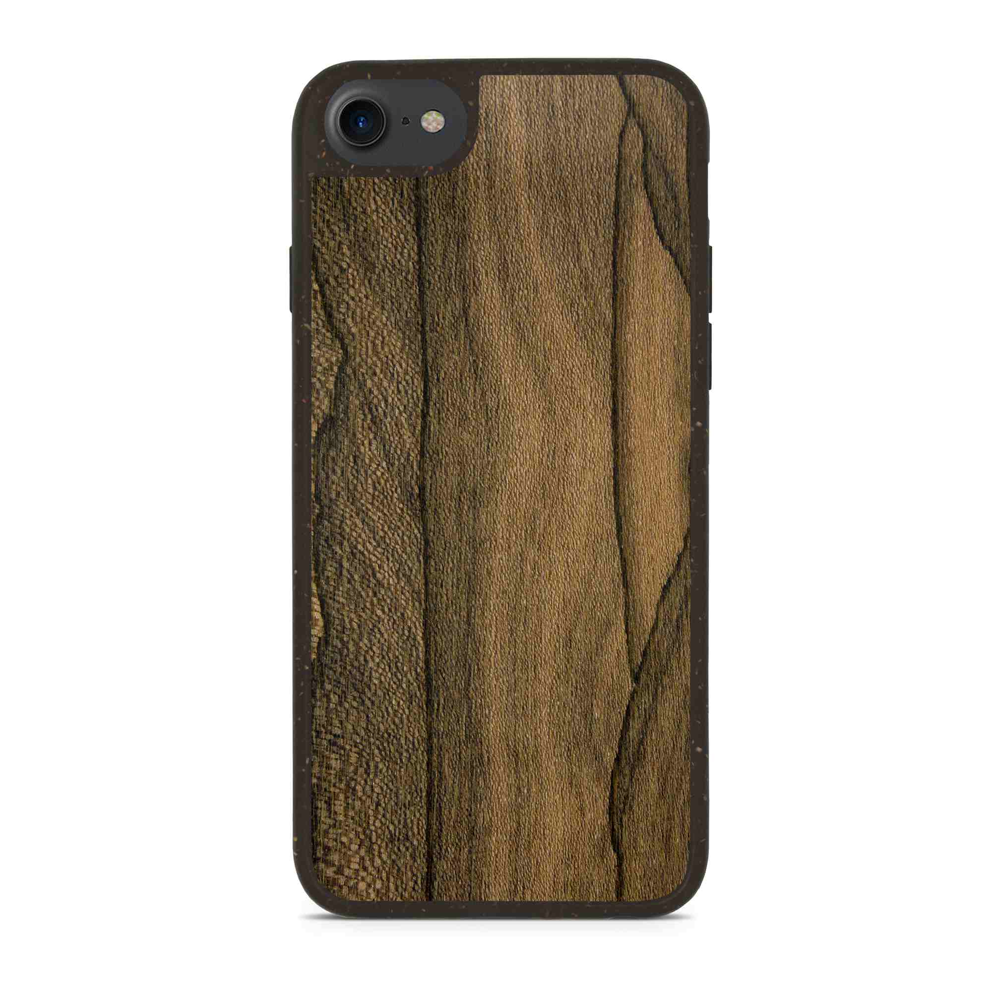 Biodegradable Wood Backing Phone Case in black, showcasing unique wood grain and eco-friendly design.