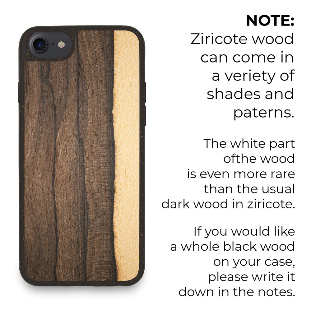 Biodegradable Wood Backing Phone Case in black, showcasing unique wood grain and eco-friendly design.