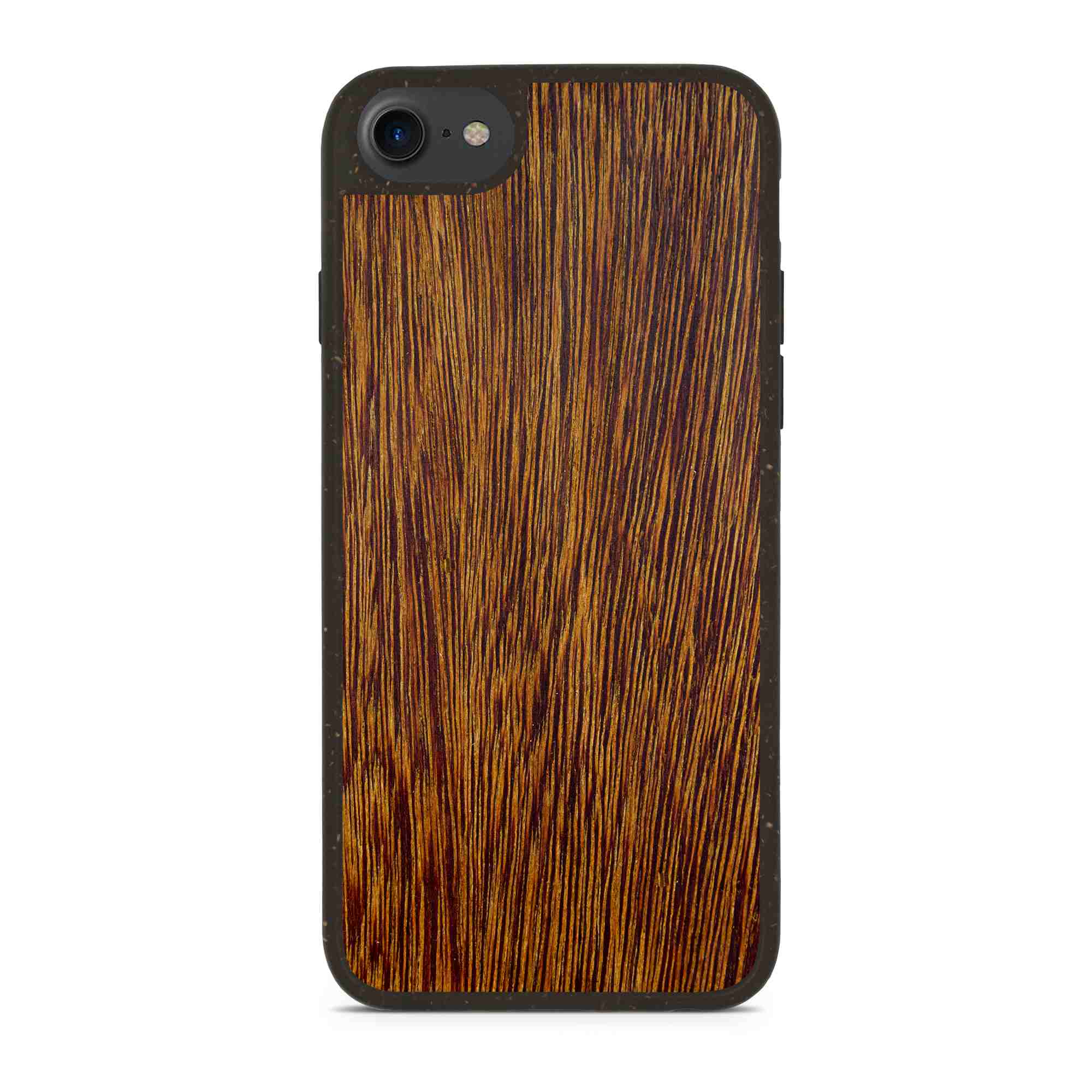 Biodegradable Wood Backing Phone Case in black, showcasing unique wood grain and eco-friendly design.