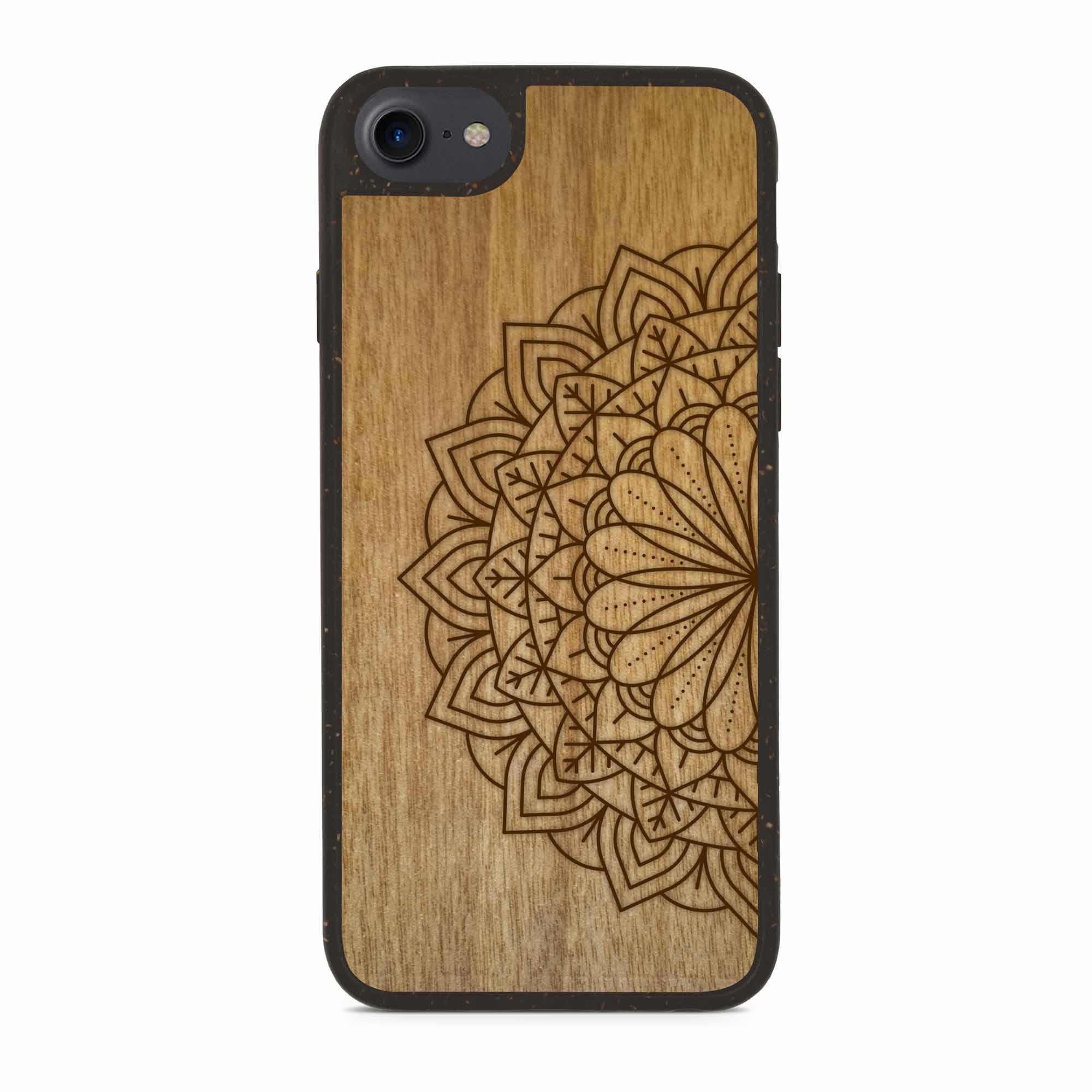 Biodegradable Wood Backing Phone Case in black, showcasing unique wood grain and eco-friendly design.