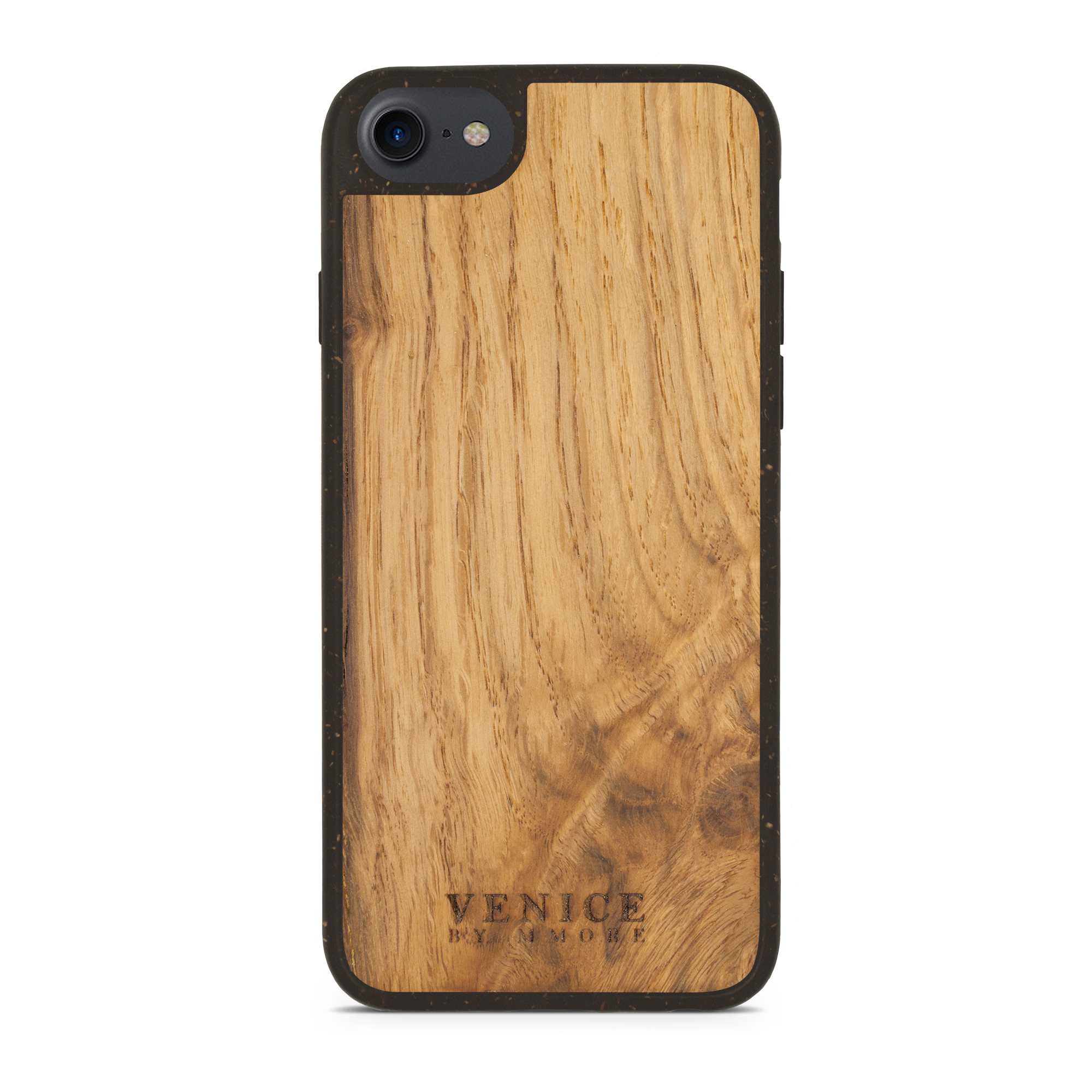 Biodegradable Wood Backing Phone Case in black, showcasing unique wood grain and eco-friendly design.