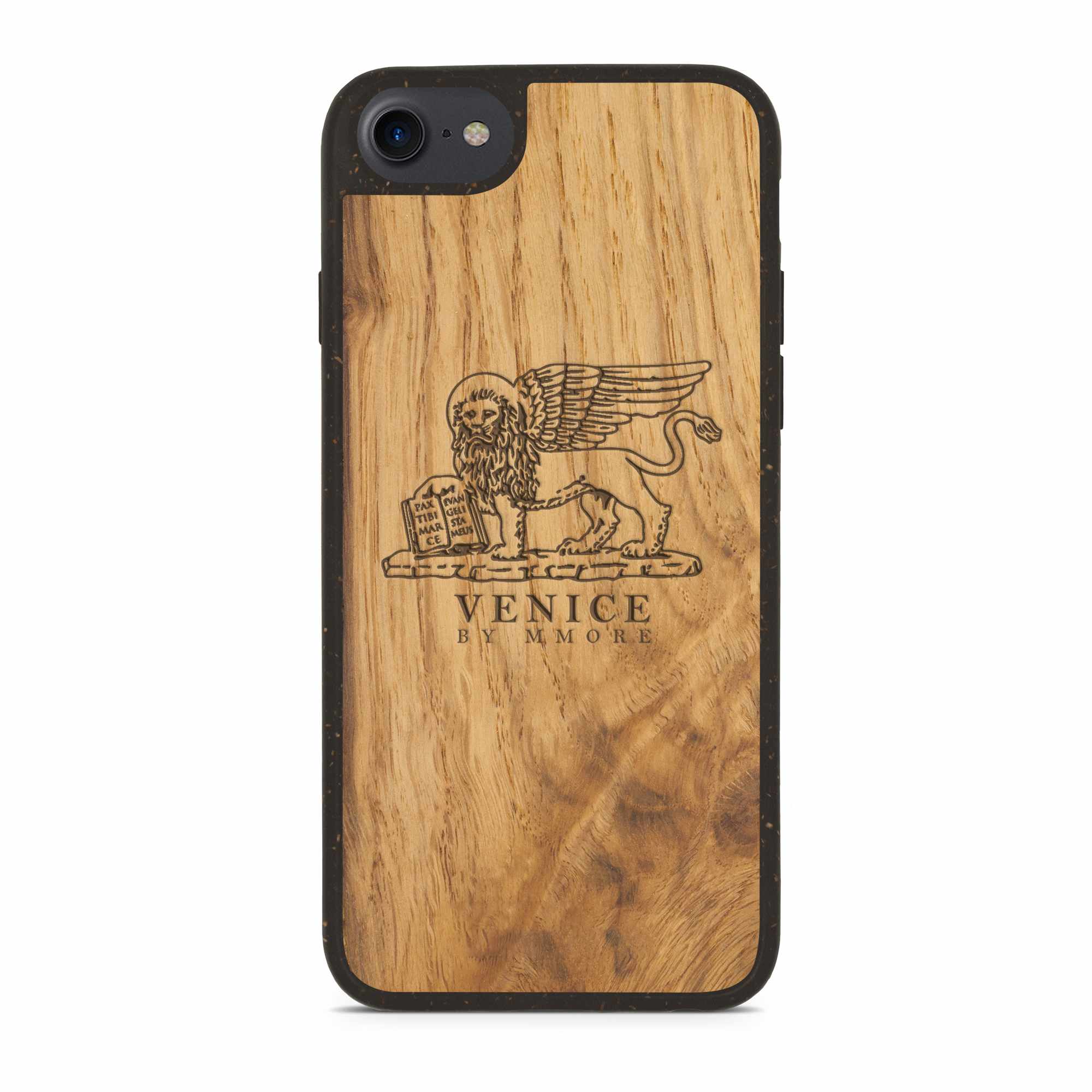 Biodegradable Wood Backing Phone Case in black, showcasing unique wood grain and eco-friendly design.