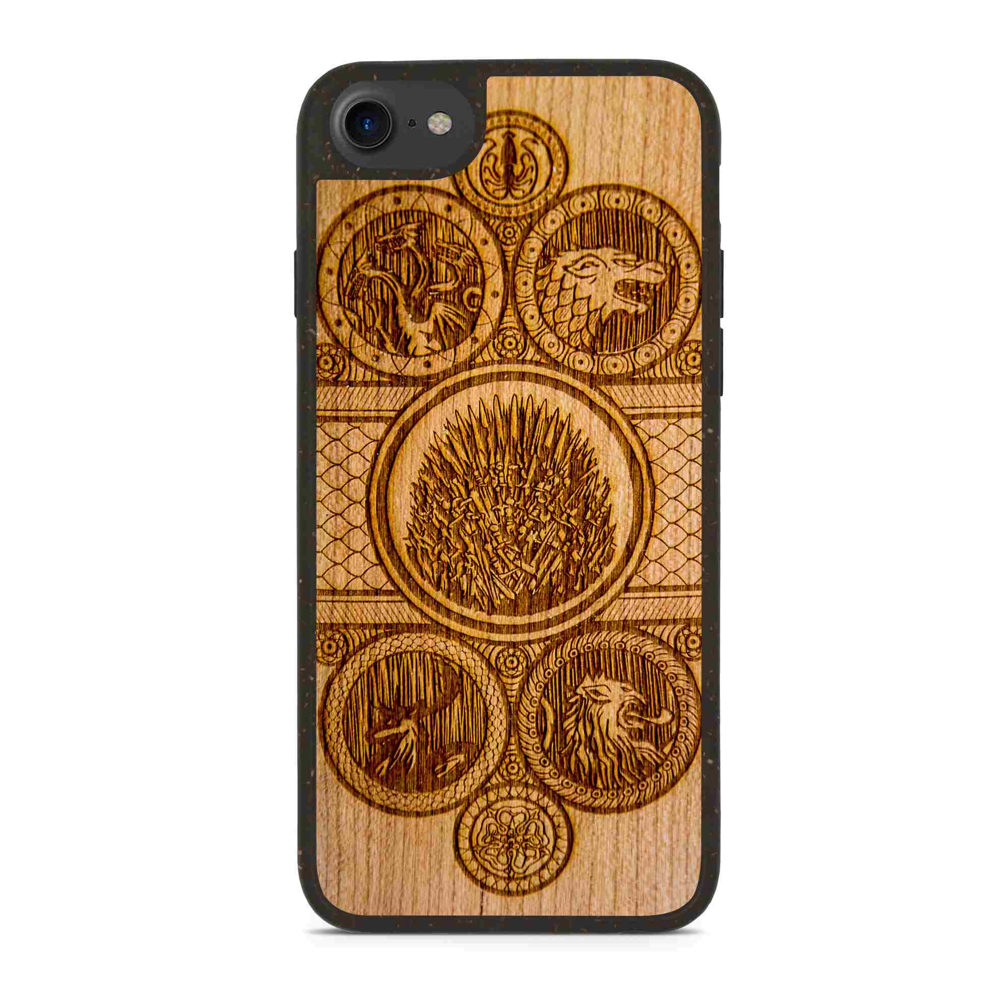 Biodegradable Wood Backing Phone Case in black, showcasing unique wood grain and eco-friendly design.