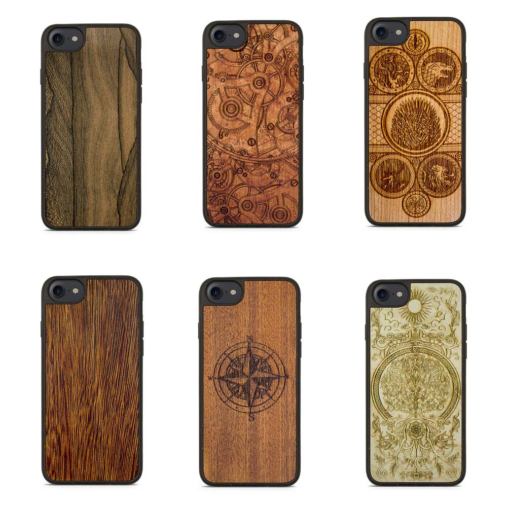 Biodegradable Wood Backing Phone Case in black, showcasing unique wood grain and eco-friendly design.