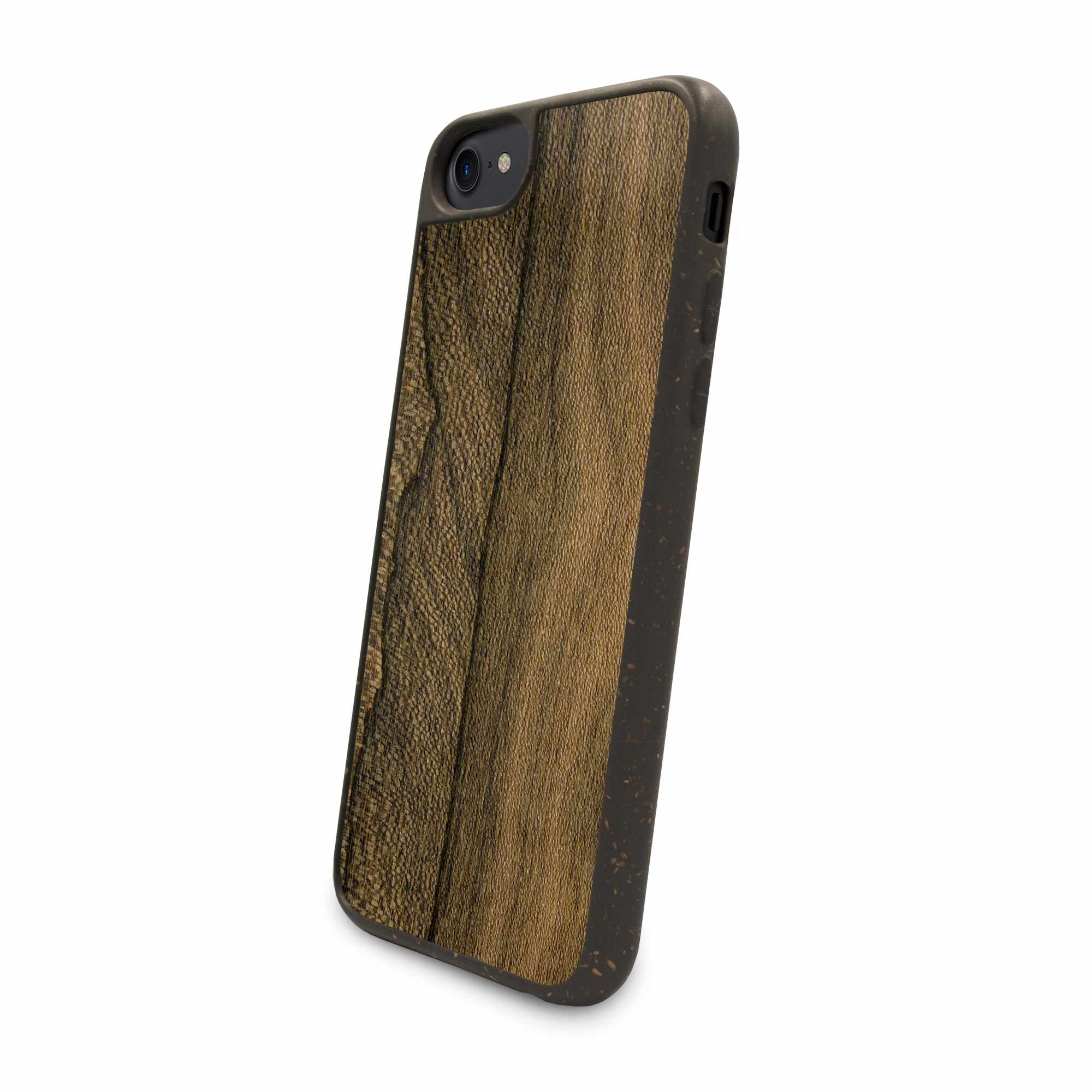 Biodegradable Wood Backing Phone Case in black, showcasing unique wood grain and eco-friendly design.