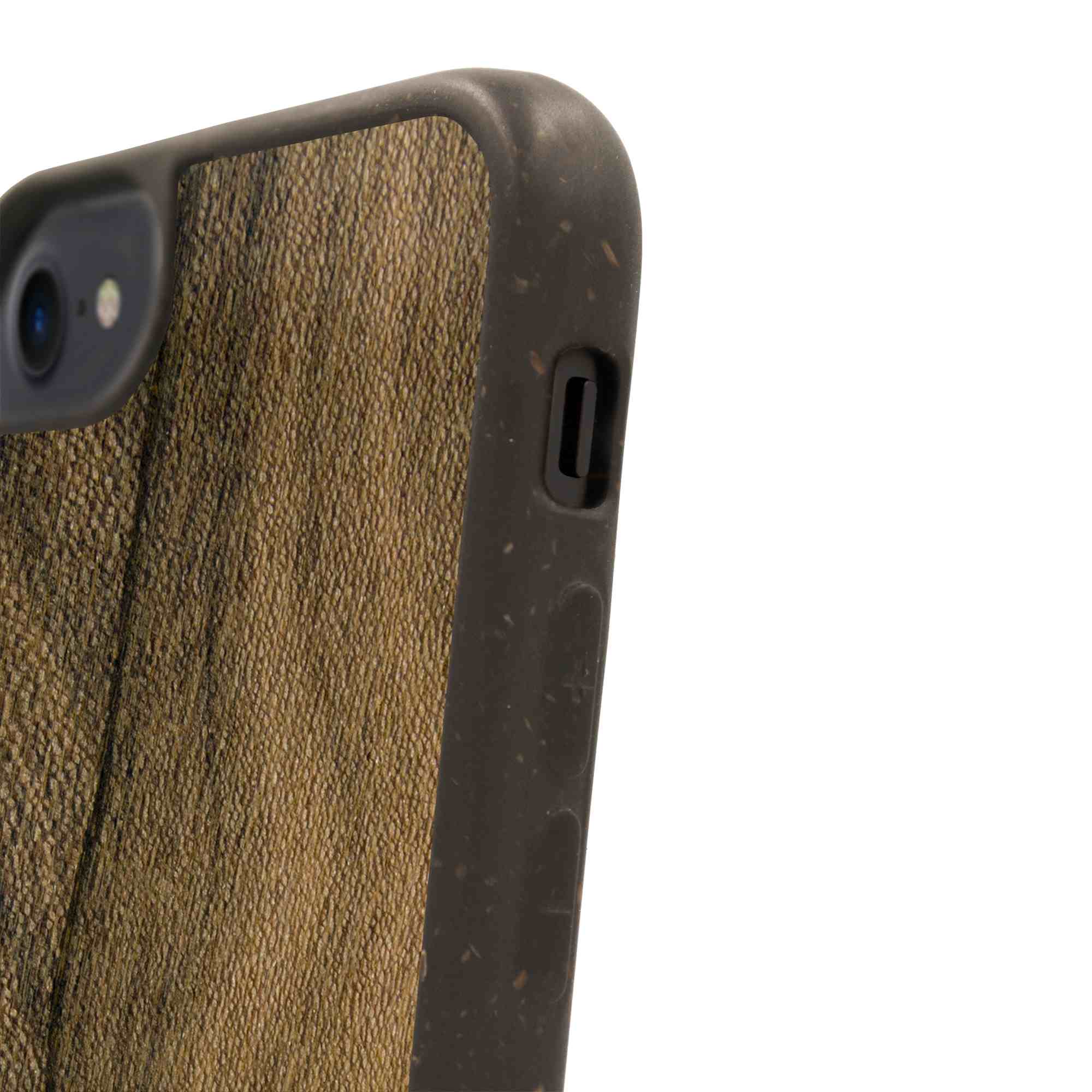 Biodegradable Wood Backing Phone Case in black, showcasing unique wood grain and eco-friendly design.