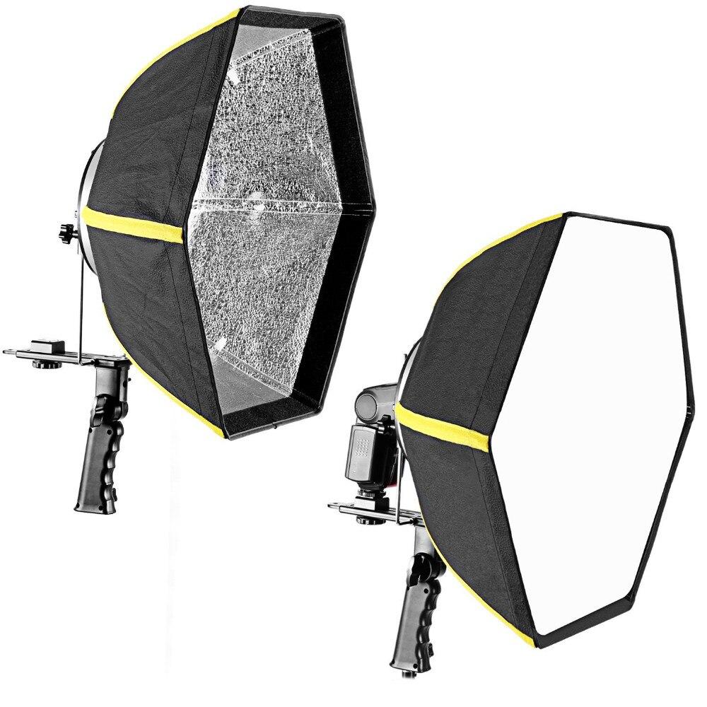 Black 24 inch collapsible hexagonal softbox with handle grip, designed for Yongnuo Speedlights, showcasing its professional lighting capabilities.