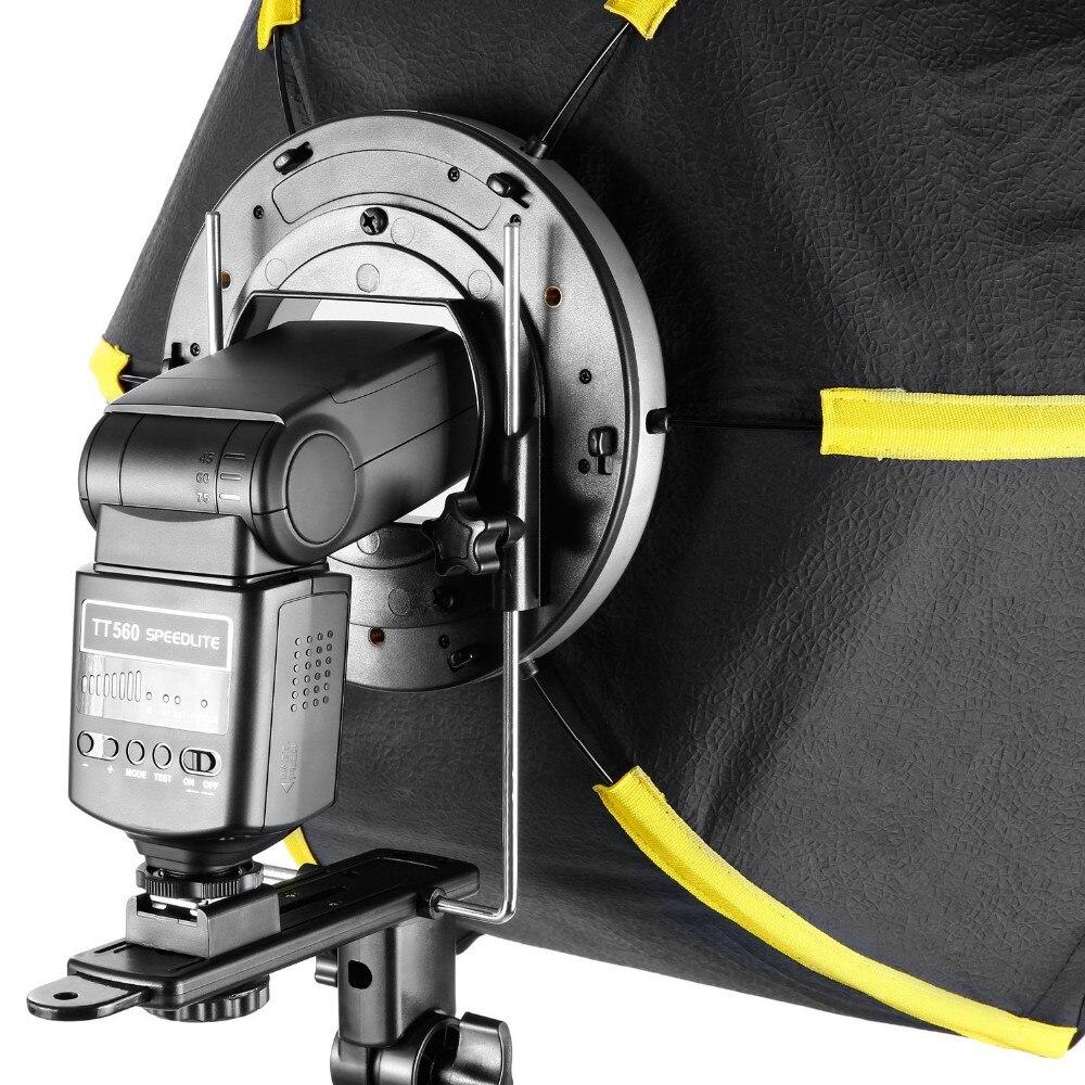 Black 24 inch collapsible hexagonal softbox with handle grip, designed for Yongnuo Speedlights, showcasing its professional lighting capabilities.