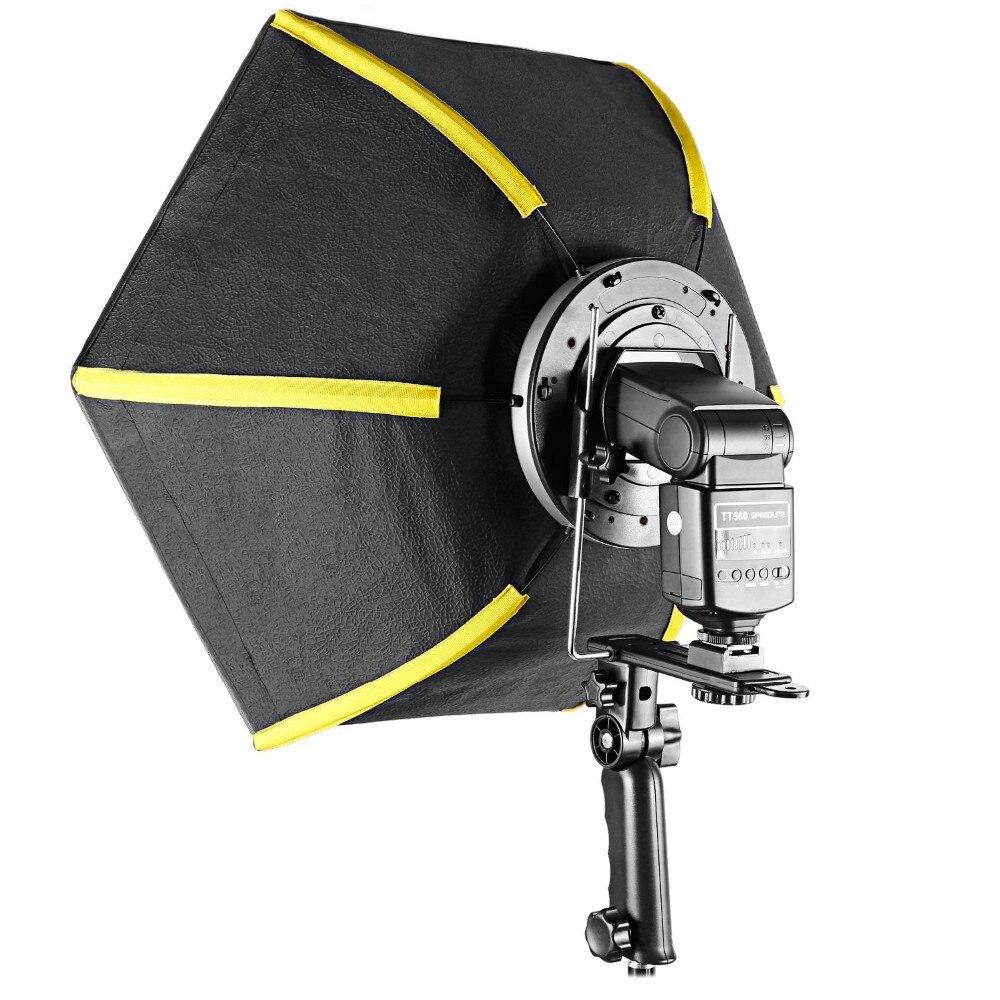 Black 24 inch collapsible hexagonal softbox with handle grip, designed for Yongnuo Speedlights, showcasing its professional lighting capabilities.