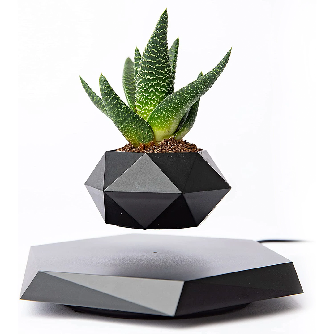 A black geometric levitating plant pot showcasing a small plant floating in mid-air, rotating smoothly above its magnetic base.