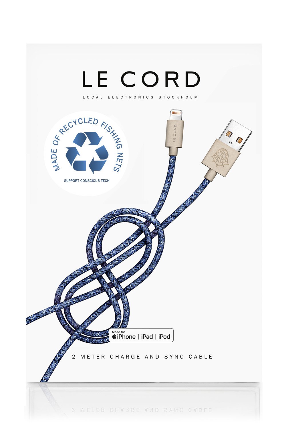 Bleu iPhone Lightning cable, 2 meters long, made from recycled fishing nets, featuring a braided textile sleeve.