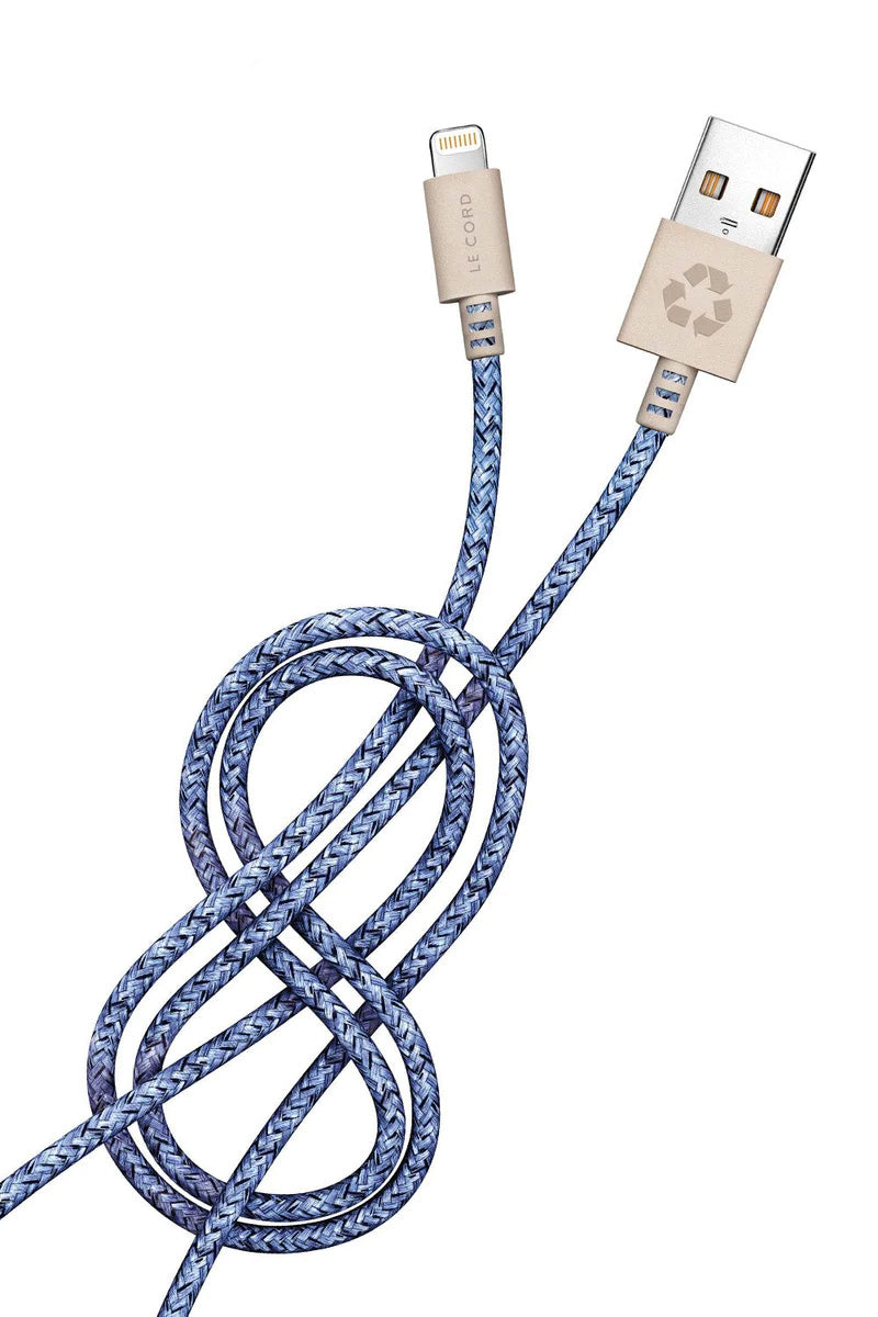 Bleu iPhone Lightning cable, 2 meters long, made from recycled fishing nets, featuring a braided textile sleeve.