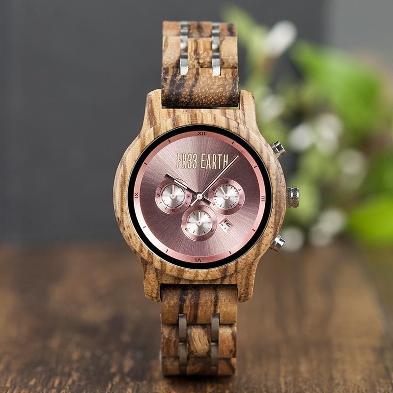 Bloom Watch featuring a unique wooden design with a chronograph function, elegantly displayed on a wrist.