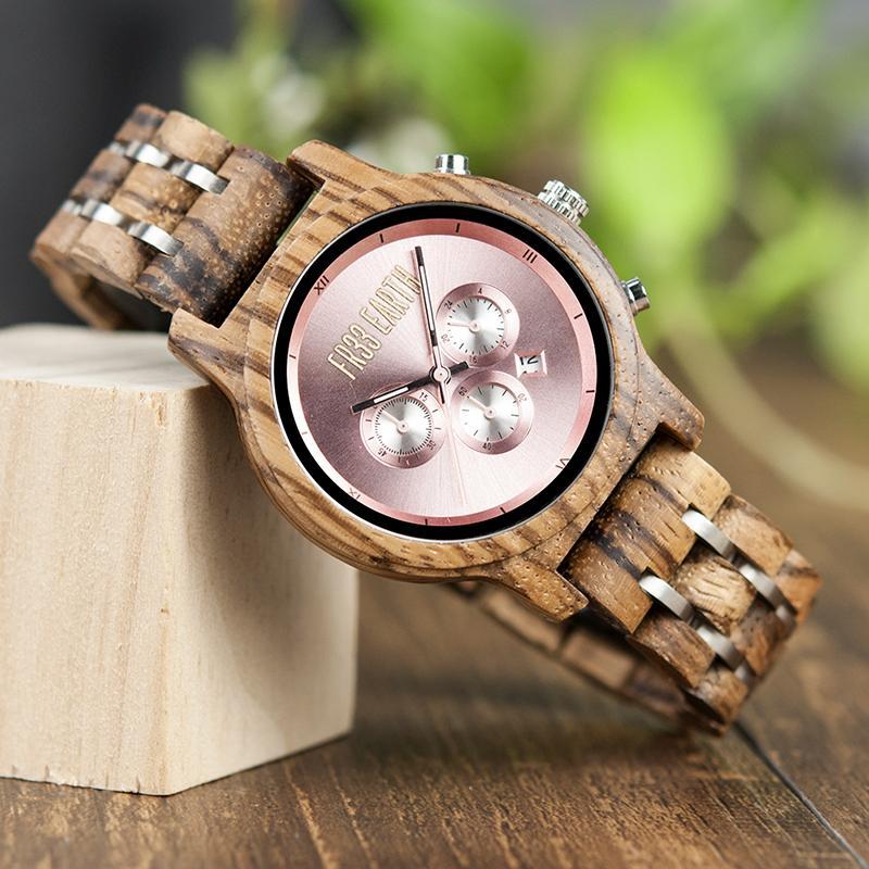 Bloom Watch featuring a unique wooden design with a chronograph function, elegantly displayed on a wrist.