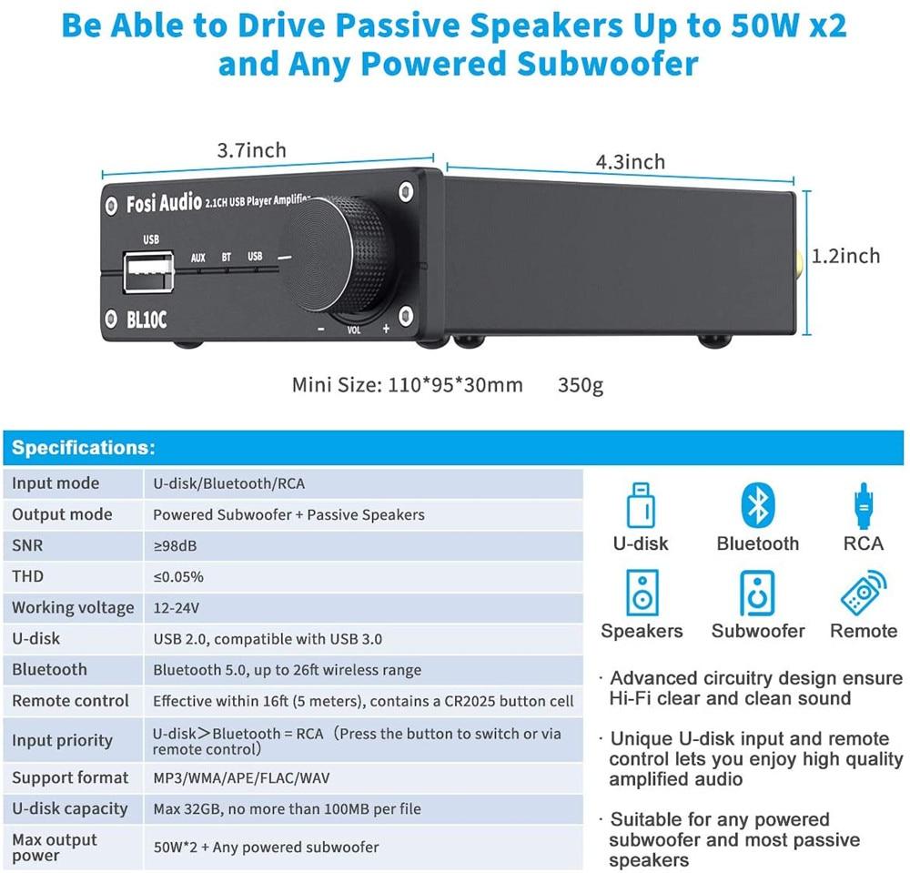 Bluetooth 5.0 Amplifier Stereo Receiver with sleek design, showcasing input options and power specifications.