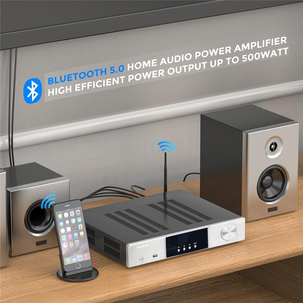 Bluetooth 5.0 Stereo Home Audio Receiver Amplifier DAC HiFi TPA3251D2 with various input and output options, showcasing its sleek design.